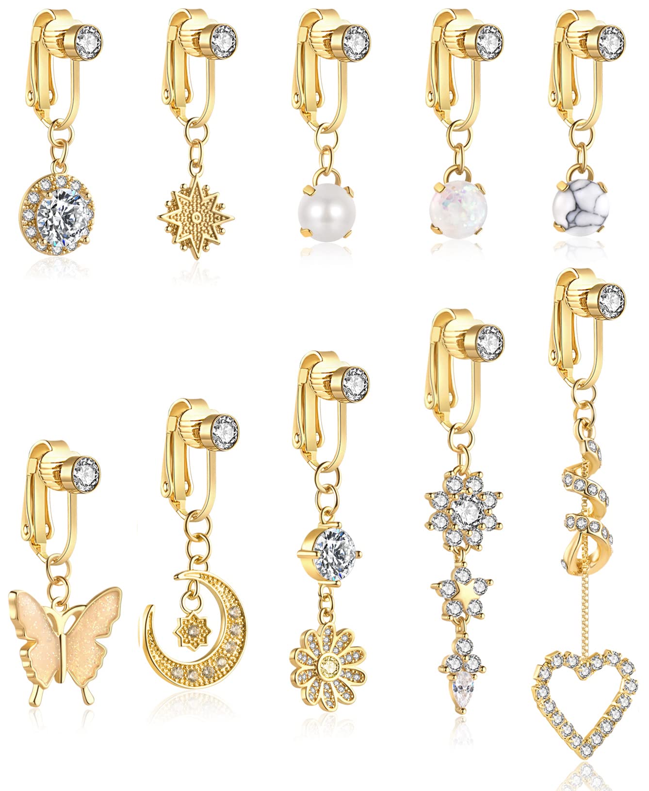 REVOLIA10Pcs Fake Belly Button Rings for Women Dangle Navel Rings CZ Clip On Belly Rings Set Fake Belly Piercing Jewelry