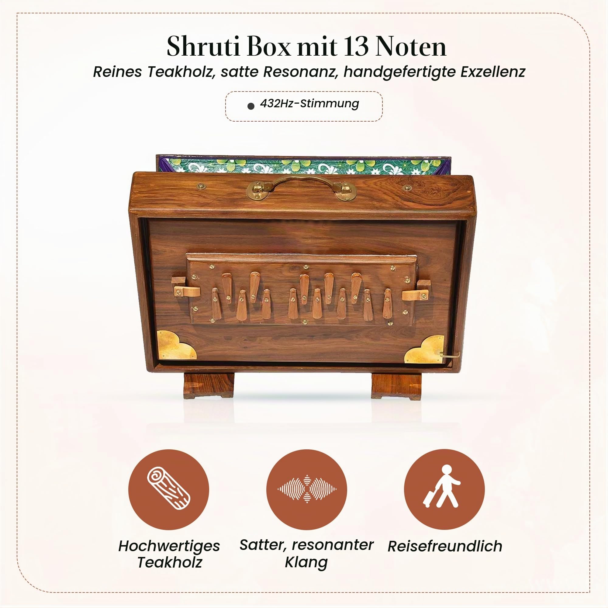 Shruti Box mit 13 Tönen, gestimmt, 432 Hertz gepolsterte Tragetasche, aus Teakholz