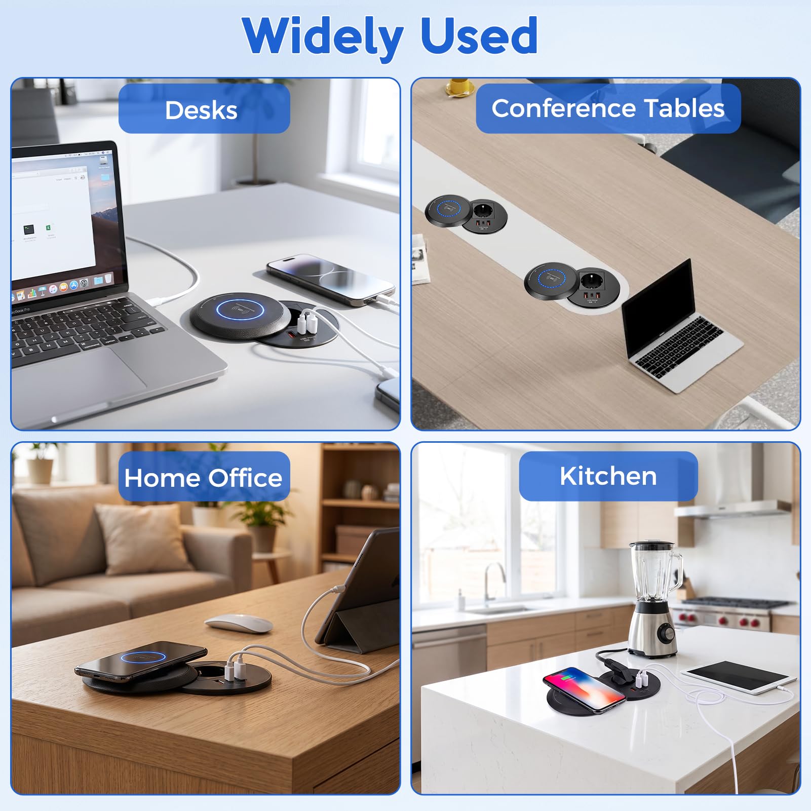 Gniazdo wtykowe do zabudowy z USB-C PD 20 W/15 W Qi ładowanie / 1,8 m do kuchni, na biurko
