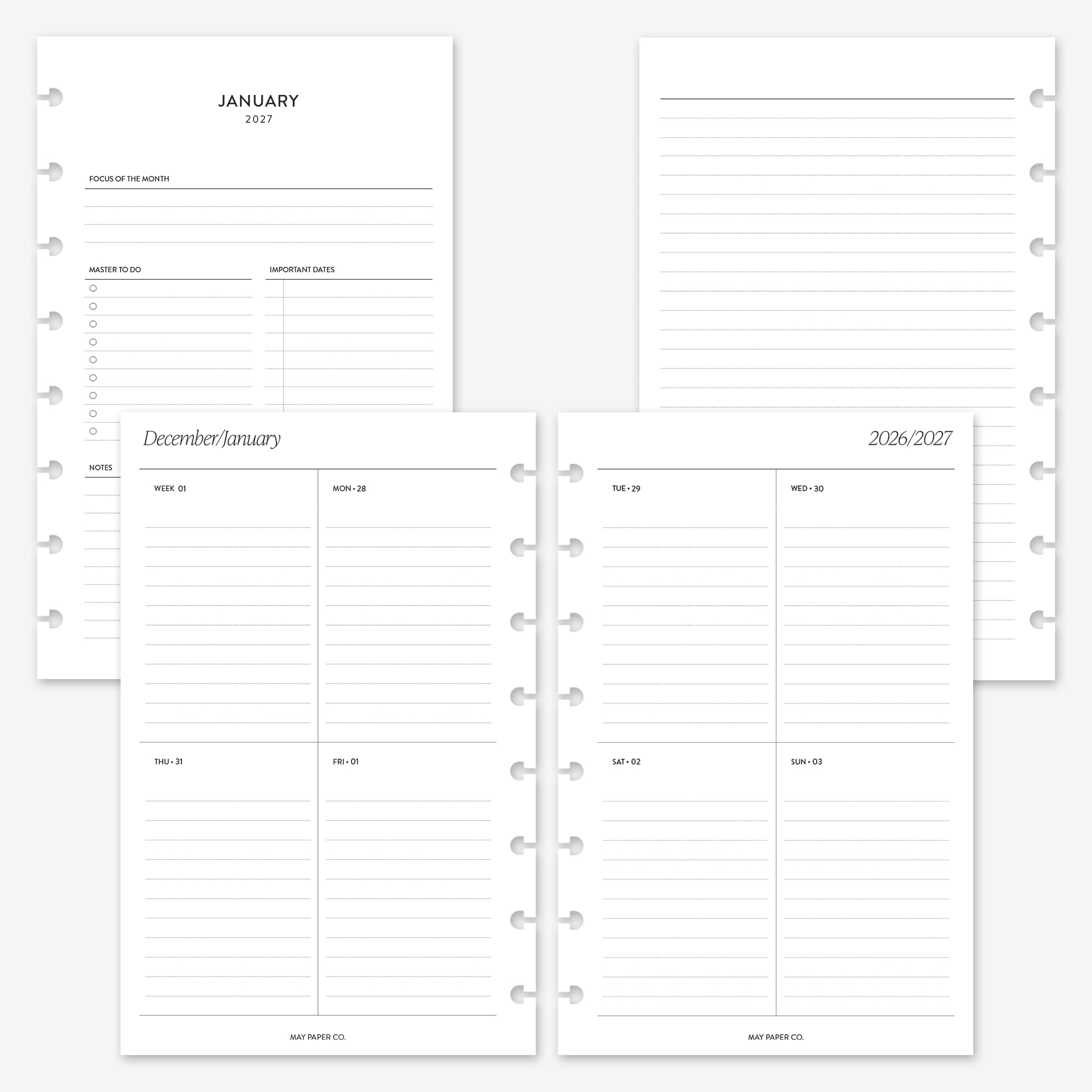 MAY PAPER CO. Wochenplaner 2027, Nachfüllpackung, Wochenplaner auf 2 Seiten, für Levenger Circa Junior und Arc 8 Disc Agenda 5,5 x 8,5 (vertikaler Rand, liniert)