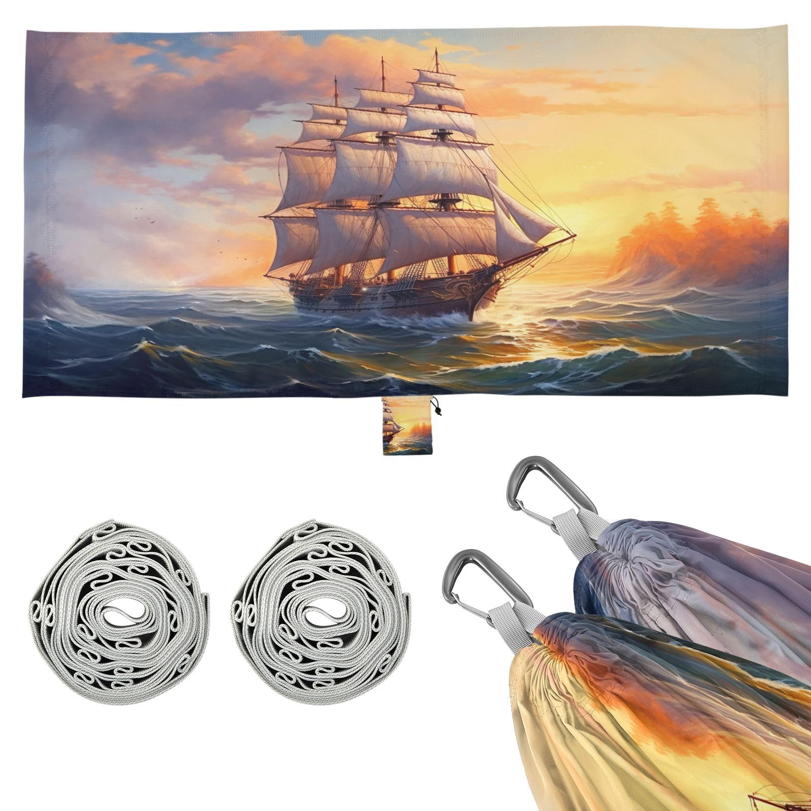 SDMKA Old Sailing Ship Camping Hammock, 330 lbs with 2 Tree Straps, Carry Bag, Single Portable Hammock for Outdoor/Indoor, Hiking, Beach, Backpacking, Travel