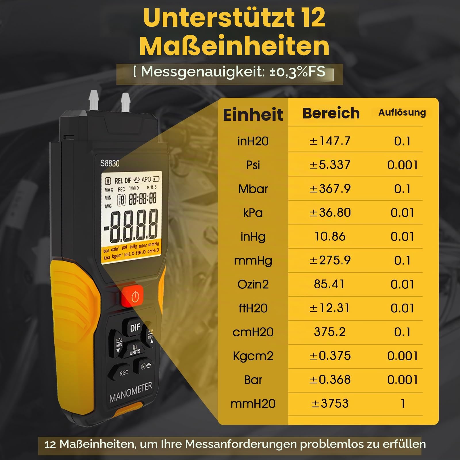 S8830 Digitales Differenzdruckmessgerät ±36.80KPa,0.1 Auflösung