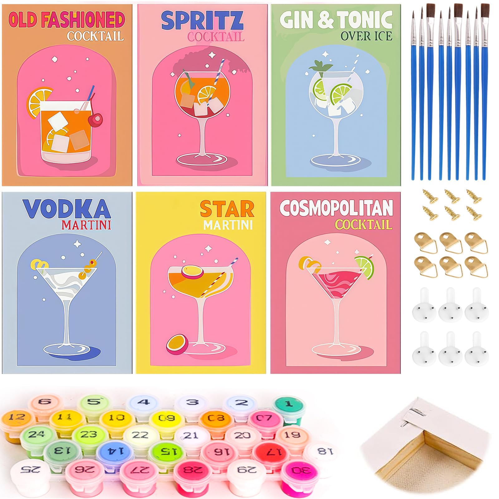 Dipingere con i numeri adulti: Cocktail Paint by Numbers Dipingere con numeri, con cornice, paesaggio fai da te con pennelli e colori acrilici per principianti, decorazione domestica, 6PCS (A)