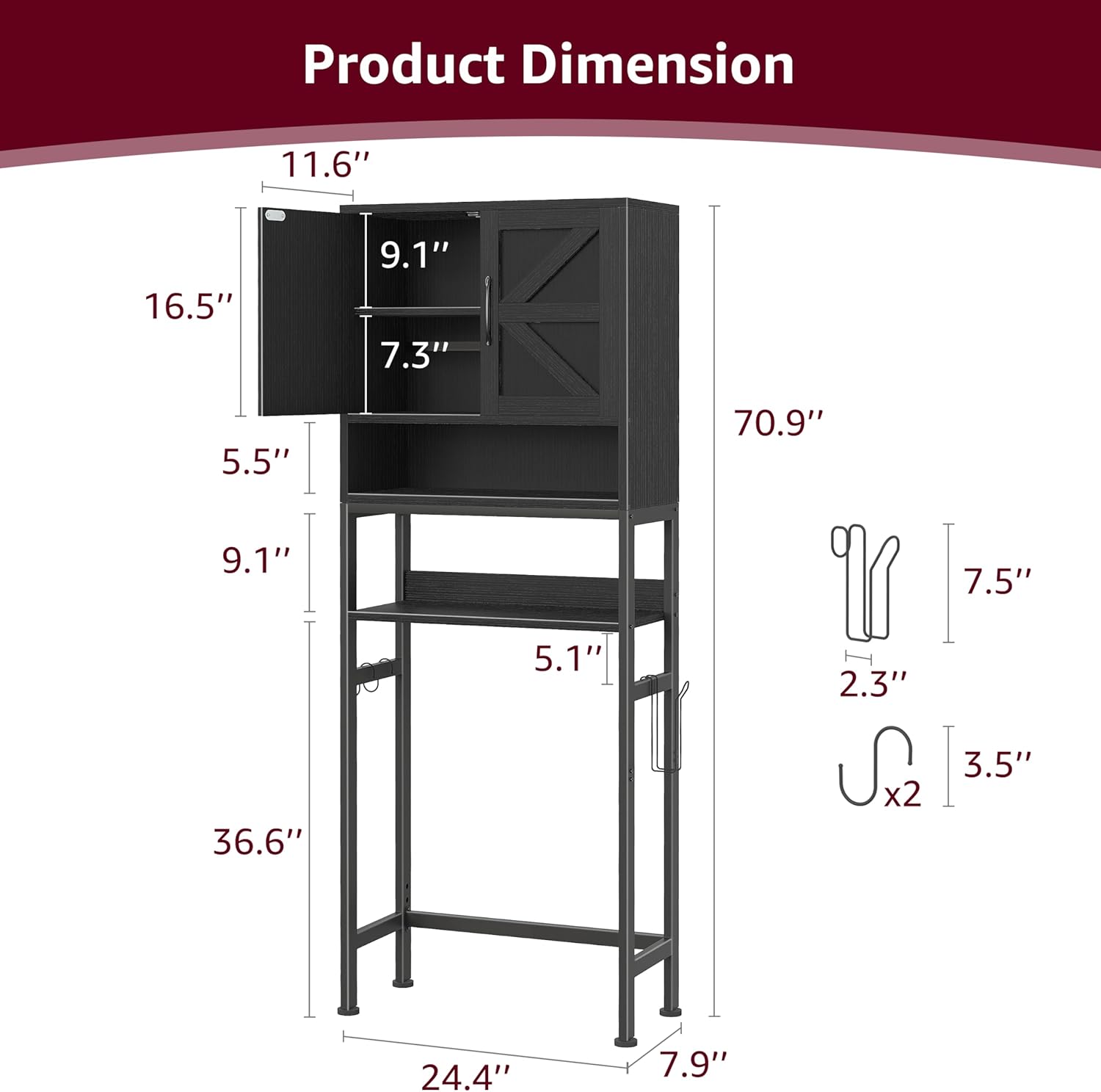 Over The Toilet Storage Cabinet - Bathroom Shelves Above Toilet Freestanding Organizer Shelf with Doors Narrow Floor Stand Rack Farmhouse Wood 71" Tall, Black