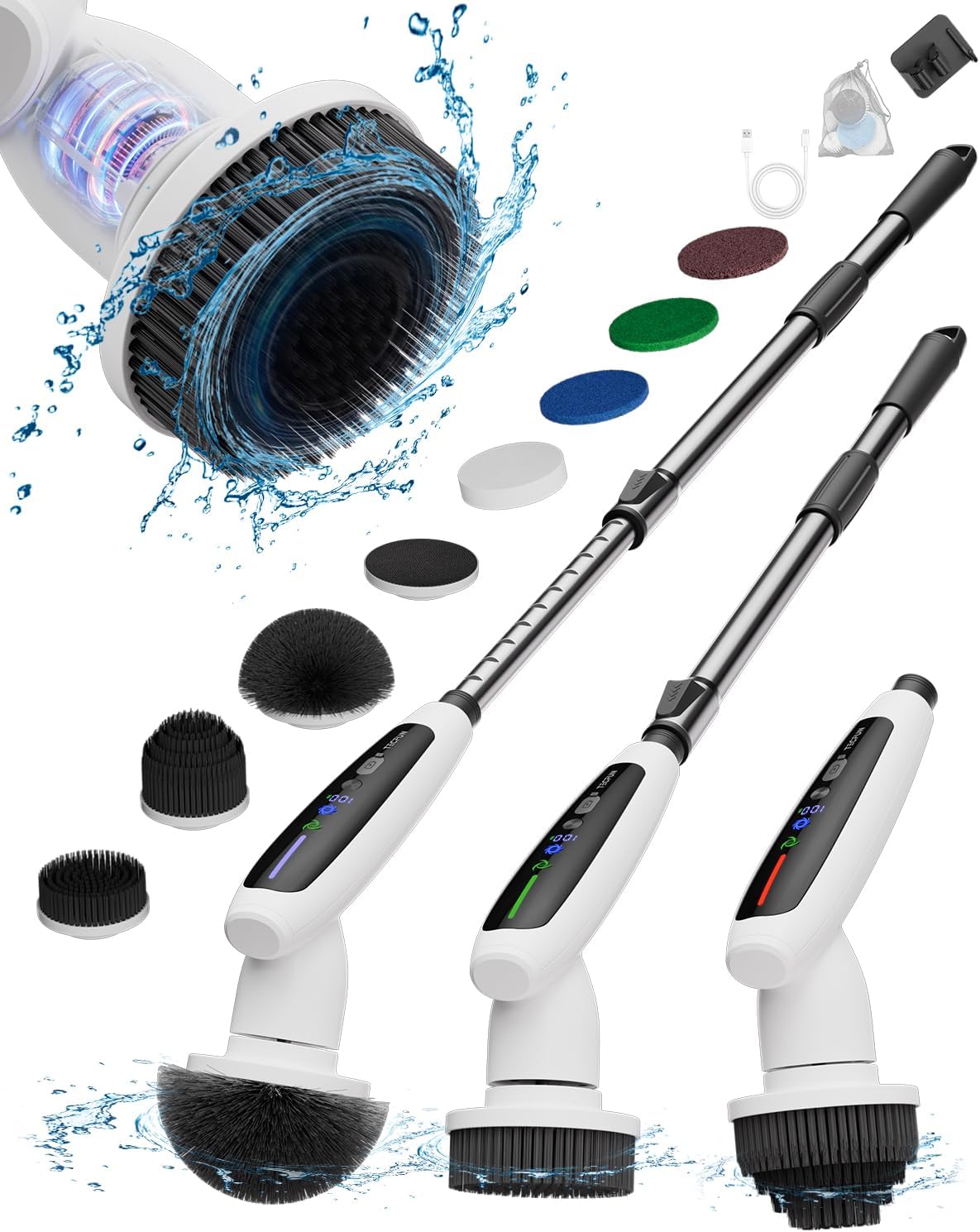 Electric Spin Scrubber, 2024 New Full-Body IPX7 Waterproof Bathroom Cleaner Brush, Shower Scrubber with Extendable Handle & 2 Speed, Interactive LED, Cleaning Supplies for Tub,Tile,Floor-White Electric Spin Scrubber, 2024 New Full-Body IPX7 Waterproof Bathroom Cleaner Brush, Shower Scrubber with Extendable Handle & 2 Speed, Interactive LED, Cleaning Supplies for Tub,Tile,Floor-White