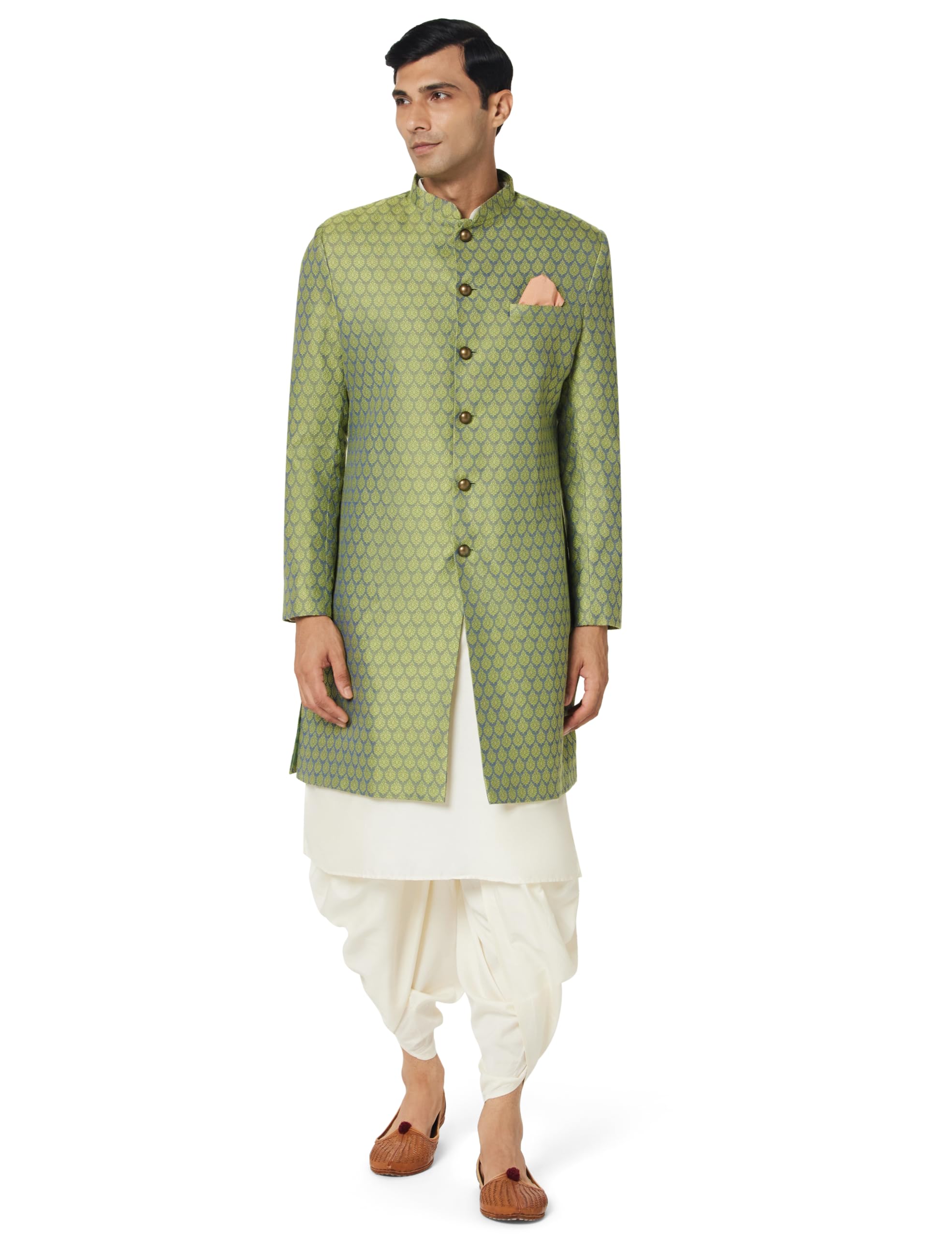 kisah Men Green Jacquard Kurta Indowestern Sherwani Dhoti Set-picture-36