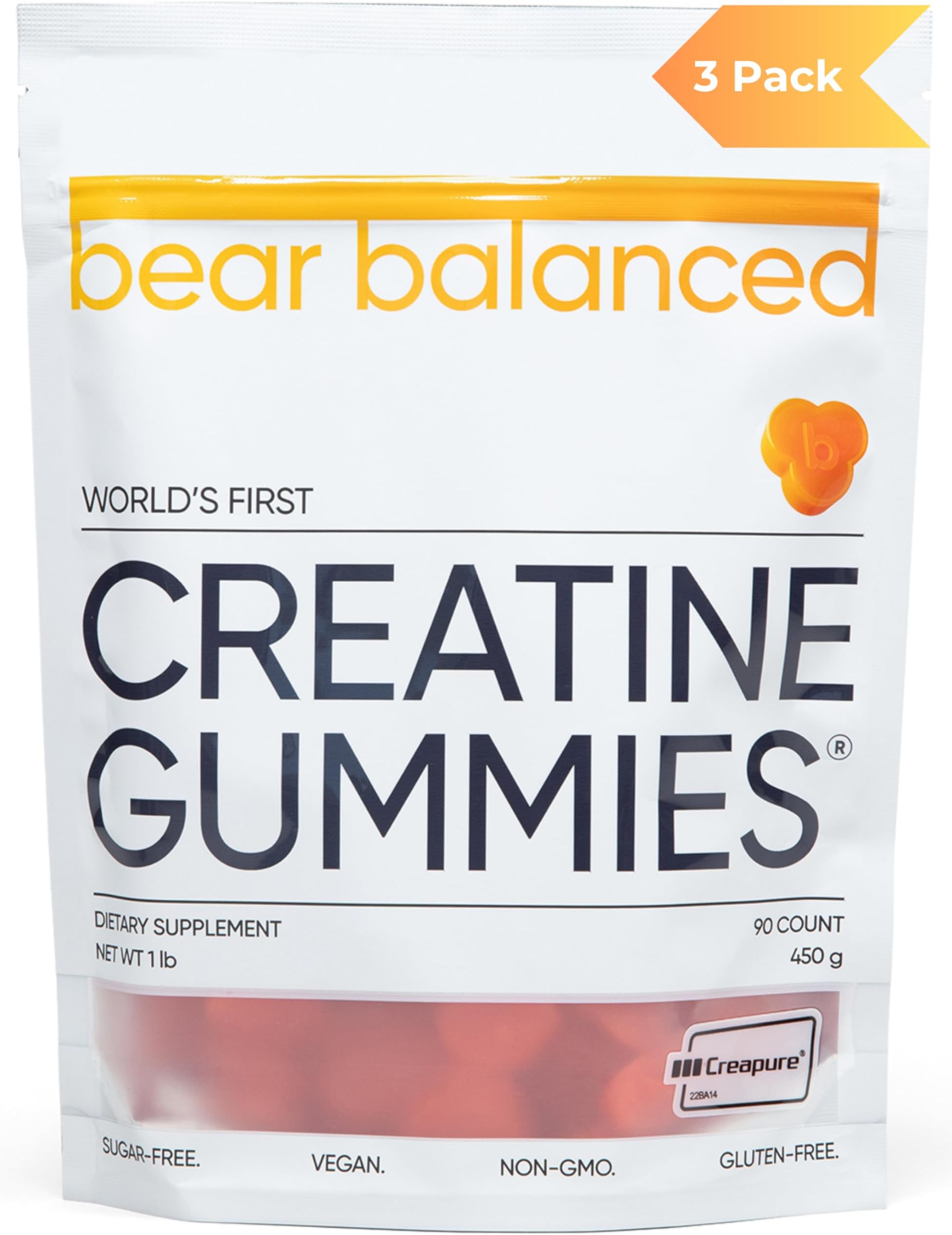 Creatine Gummies for Men & Women - Creatine Monohydrate, L-Theanine, L-Tyrosine & B12 for Muscle Growth, Strength, and Focus, Peach Mango, 3 Pack