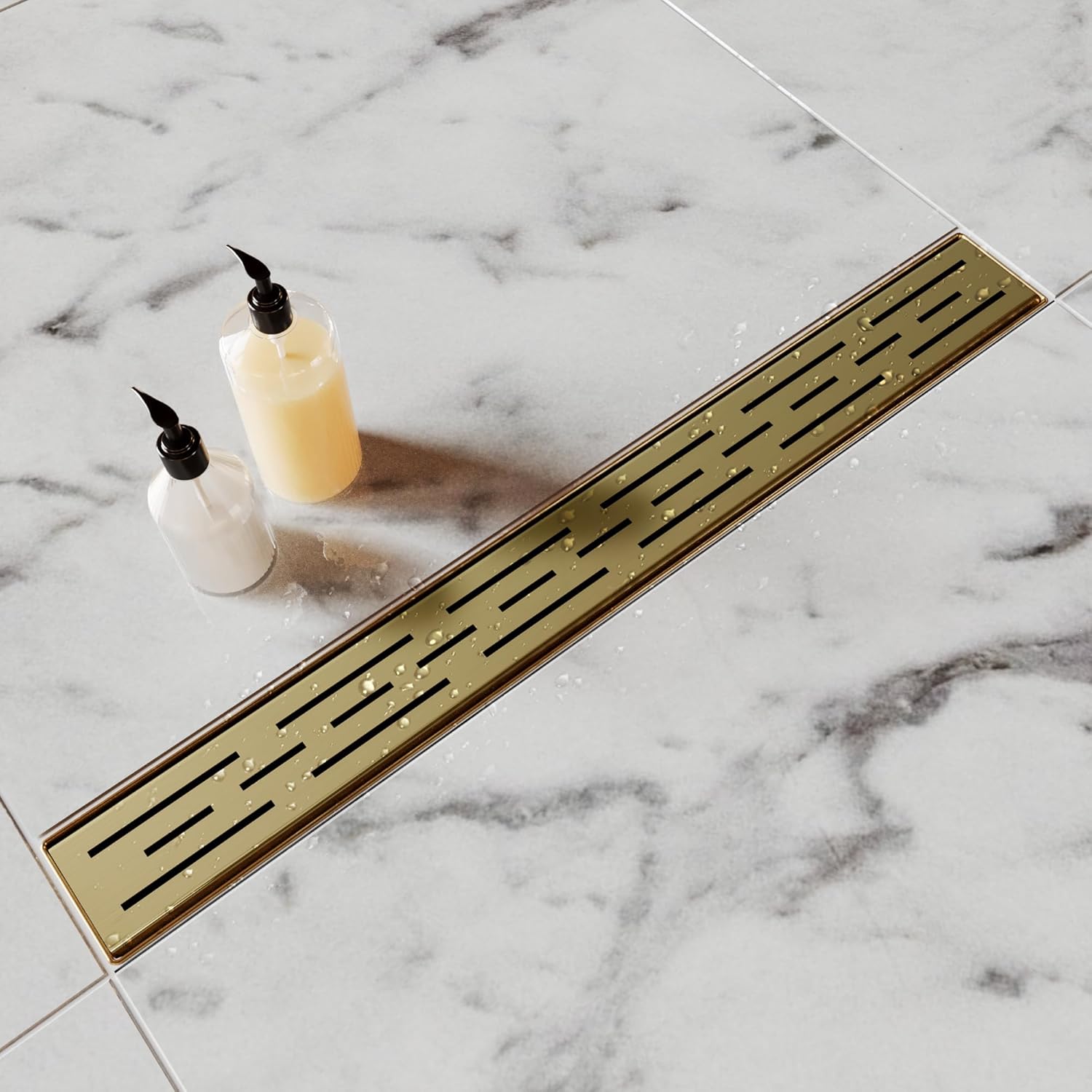 Brushed Gold Shower Drain 24 Inch, 304 Stainless Steel Linear Shower Drain with Removable Brick Pattern Grate - Adjustable Rectangular Shower Floor Drain with Hair Strainer, Linear Drain Brushed Gold 24 inch