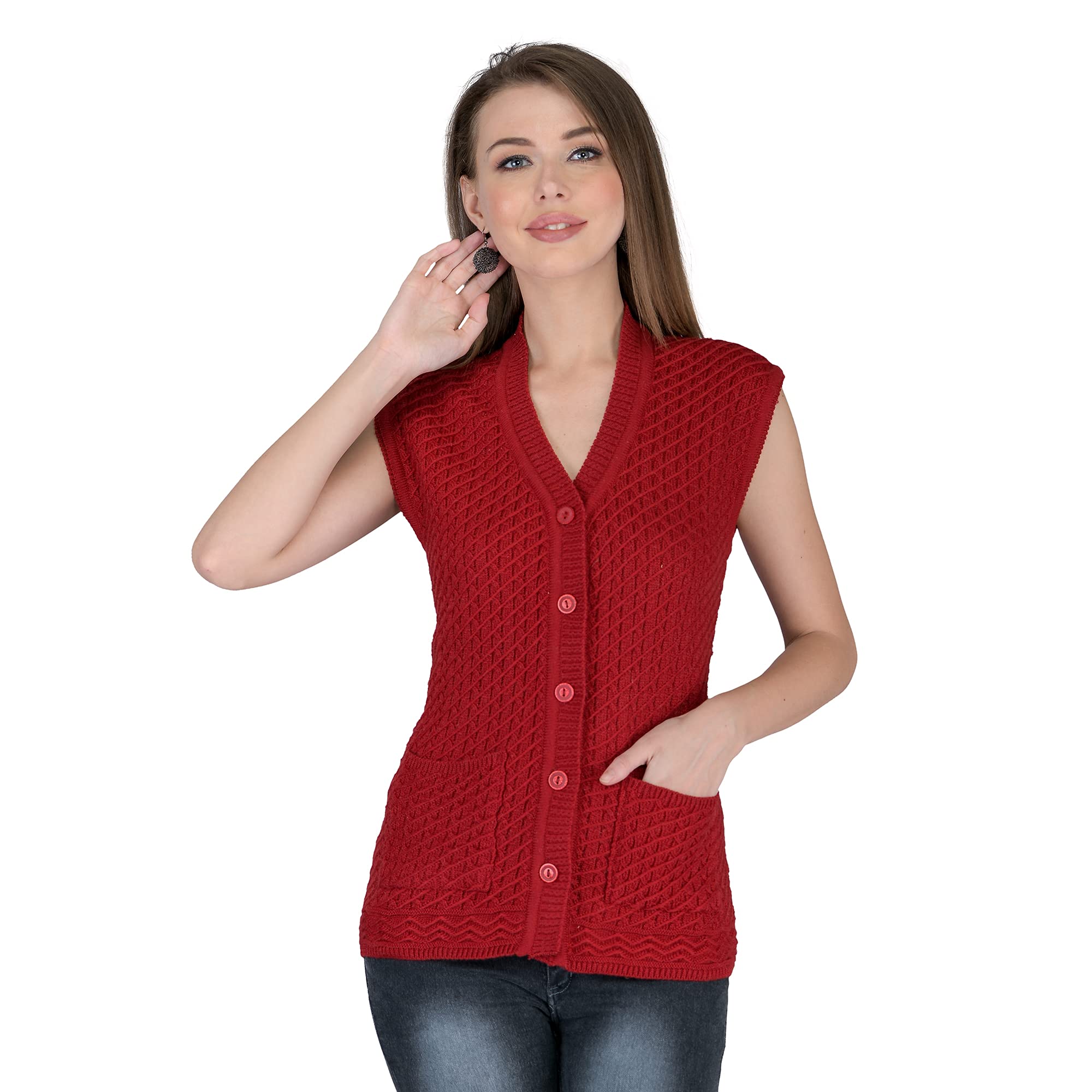 lady willington Women Woolen Sleeveless Self Design Cardigan - Daffodil Fabric Winter Wear, 100% Wool, Free Size, Fully Warm With Front Pockets (XXXL, Maroon), V-Neck-picture-27