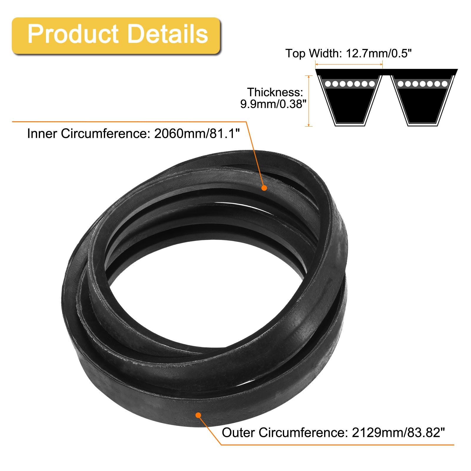uxcell Cinghia trapezoidale classica avvolta 2/B81, 213,4 cm di circonferenza esterna, in gomma industriale, profilo B, cinghia trapezoidale per attrezzature industriali, nero