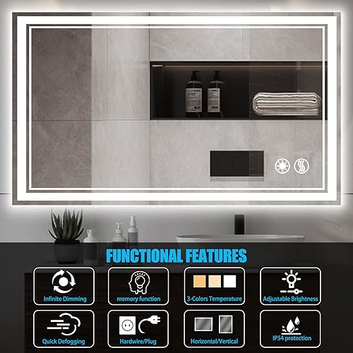 Miniatura 2 de Espejo de baño LED de 24 x 32 pulgadas, espejo de baño sin niebla con luces LED regulables, espejo LED de 3 colores para baño, espejo de tocador con