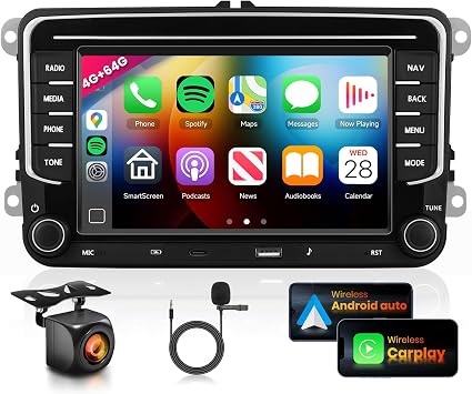 4G 64G Car Stereo for VW Passat Jetta Golf Touran Seat Golf Radio, Type-C/USB Wireless Carplay Android Auto 7" IPS Touch Screen 36EQ DSP Bluetooth 5.0 Android 15 GPS WiFi FM/RDS AHD Camera
