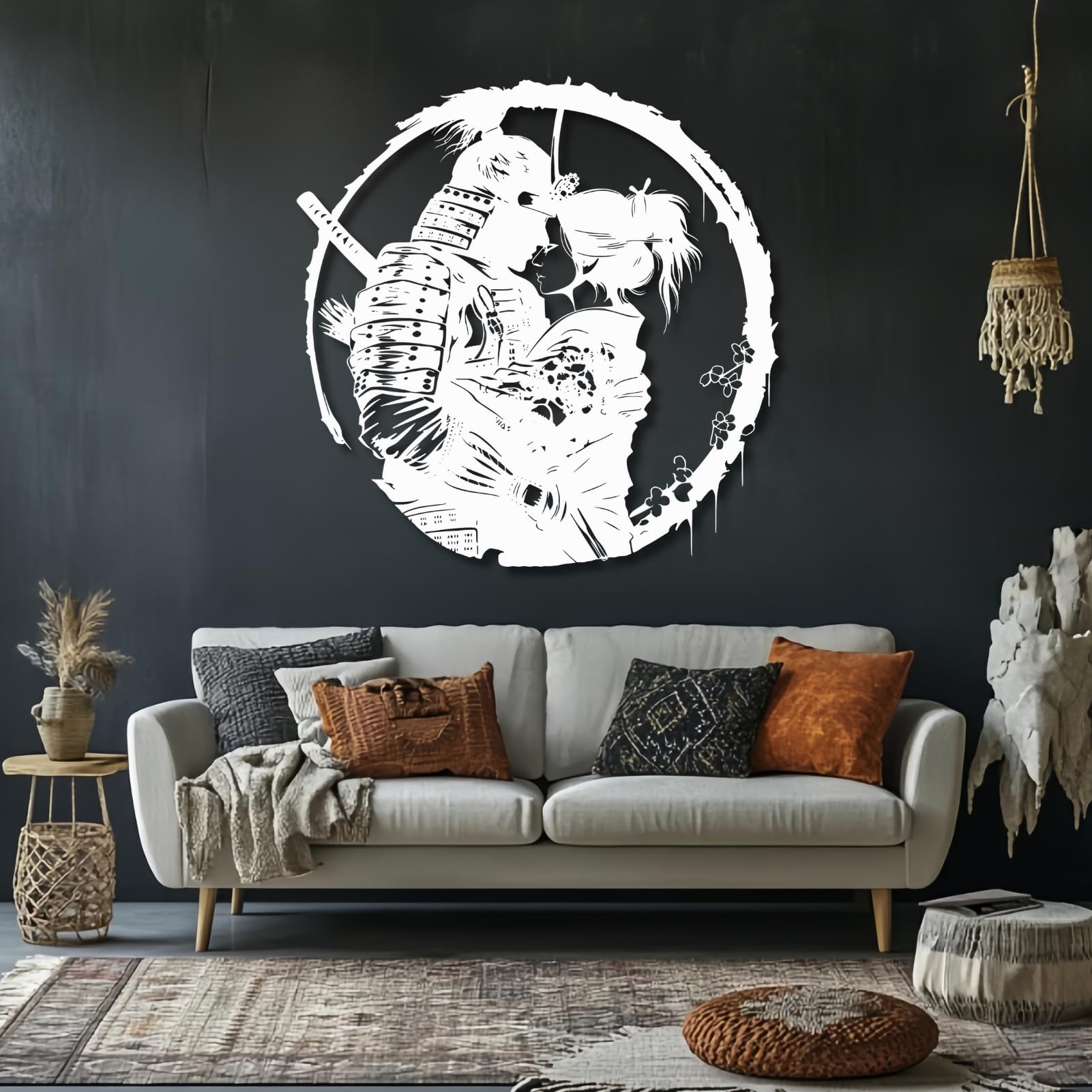 Arte de Pared de Metal Negro con Figura de Geisha samurái, decoración de Pared Japonesa de Metal, Escultura Moderna de Arte samurái para Sala de Estar, Dormitorio, Pasillo y escaleras (Plate