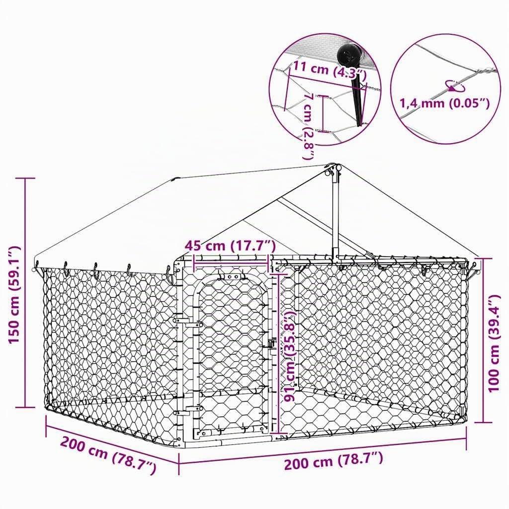 vidaXL Perrera de Exterior con Techo 200x200x150 cm Jaula Cachorro Mascota