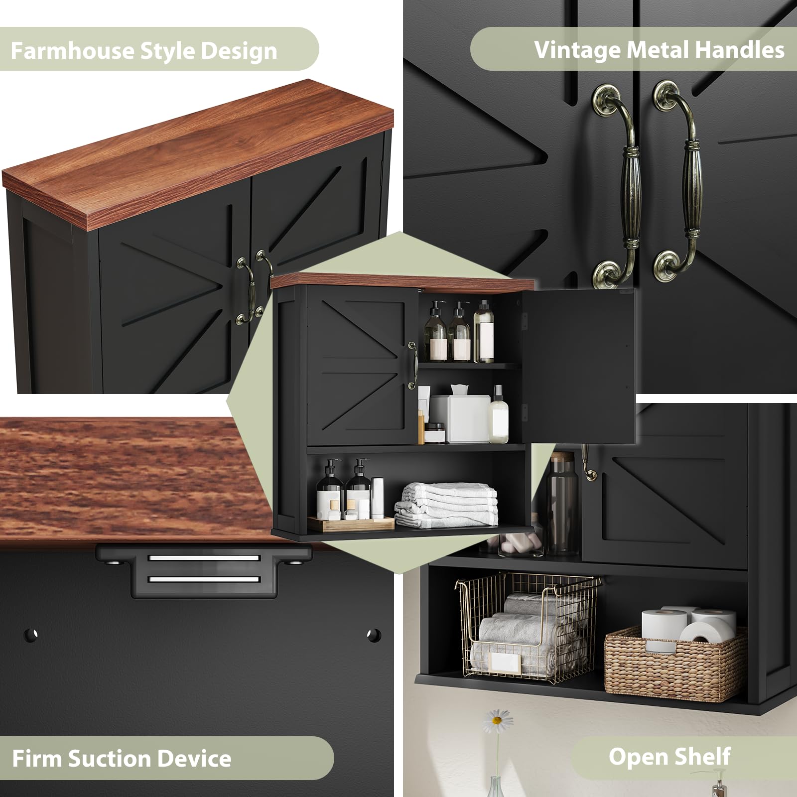Smuxee Gabinete de pared de granja, botiquín negro con estante ajustable, para baño, sala de estar, lavandería