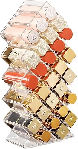 Hebaogugu Organizador de lápiz labial, 28 ranuras para lápiz labial acrílico, organizador apilable de brillo de labios, soporte de torre de lápiz