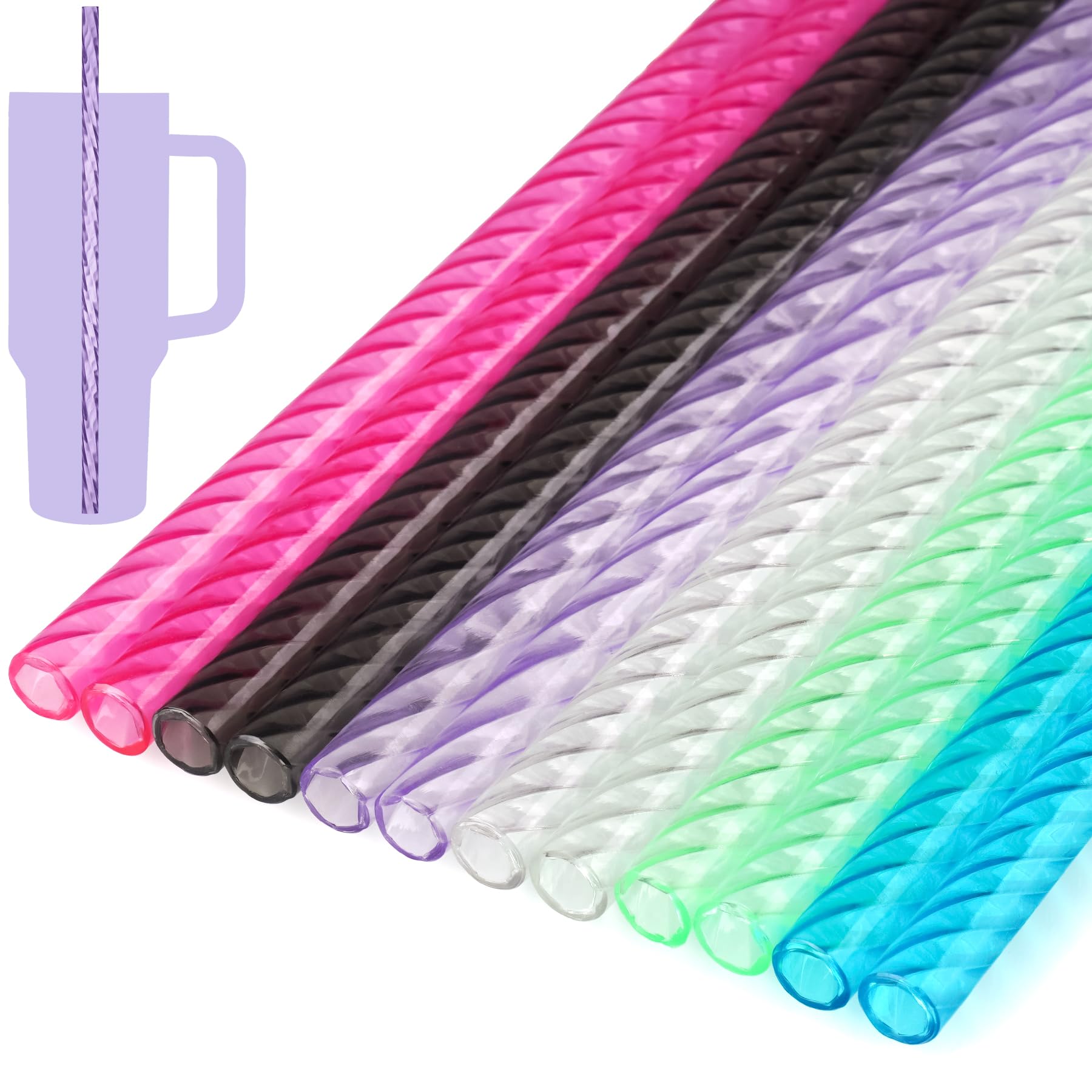 NiHome 12PCS Plastic Swirl Reusable Drinking Straws Fit for 40oz Stanley Tumbler, 12" Straws with 2 Brushes Wave Pattern, Durable PETG Material Straws