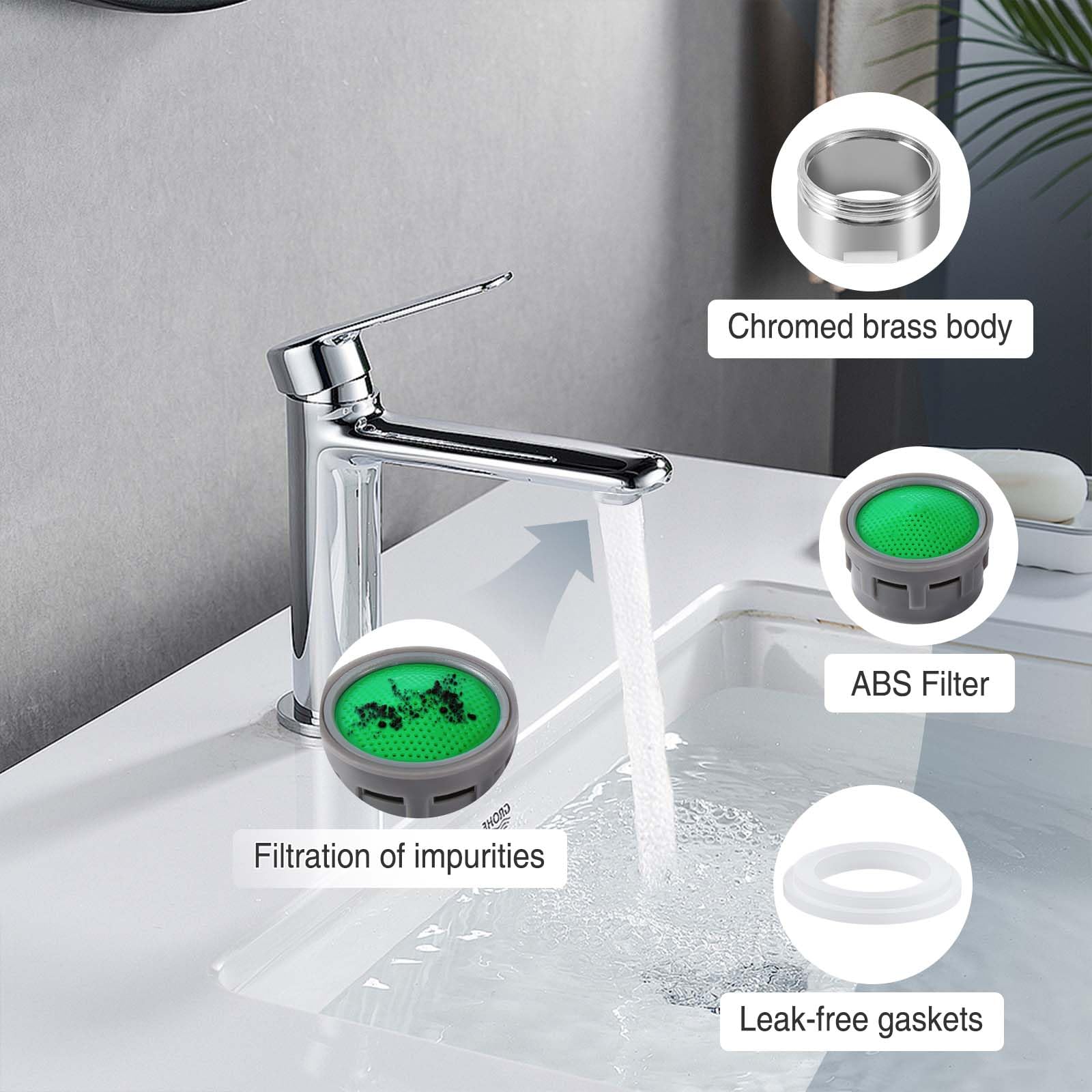 Vinabo 6 Pezzi Rompigetto Rubinetto Cucina Bagno,Filtri Rubinetti Lavandino Universale,Filtri Rubinetto,Aereatori Rubinetti M24 in Ottone Placcato in Cromo in Plastica ABS + 1pz Chiave