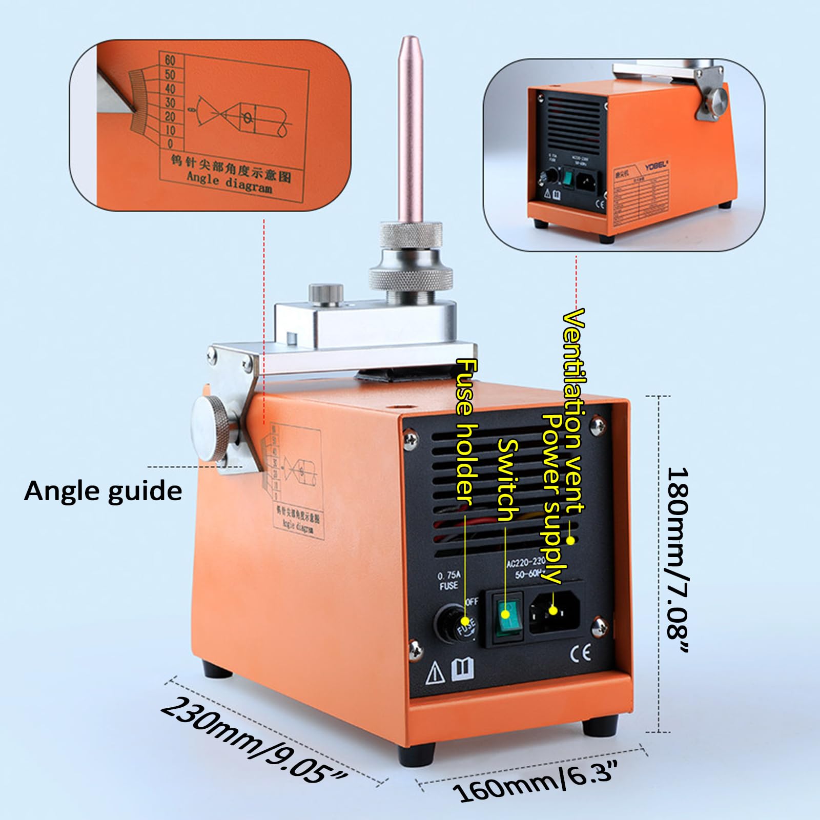 Afilador de electrodos de tungsteno para soldadura TIG, rueda de grano 200, ángulo ajustable de 0-60°, ideal para aplicaciones de metalurgia