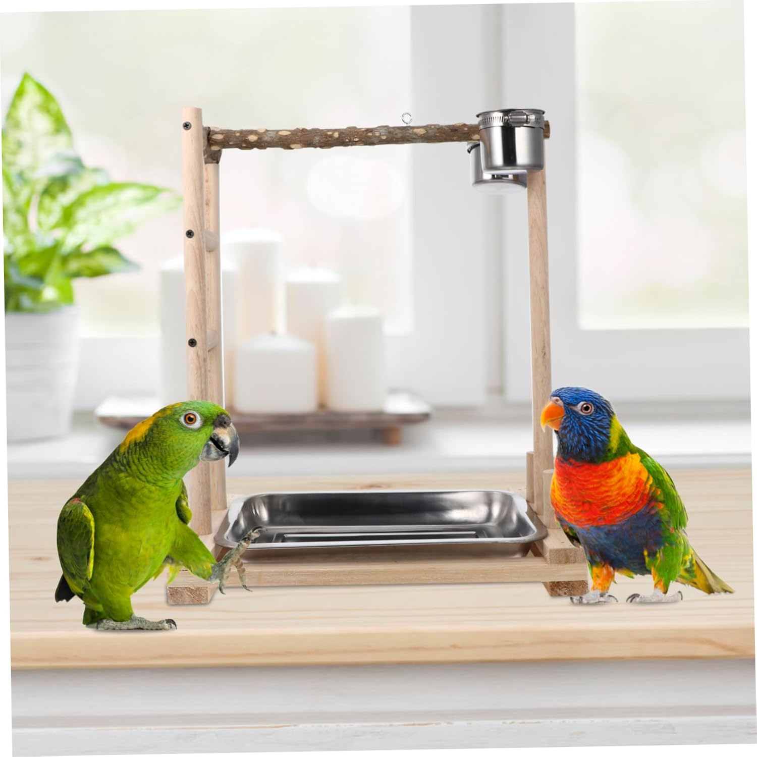 Yardwe Parrot Stand with Stainless Steel Bird Food Box Educational Rack for Playtime and Nail Trimming Durable and Bite Resistant for Medium-Sized Birds