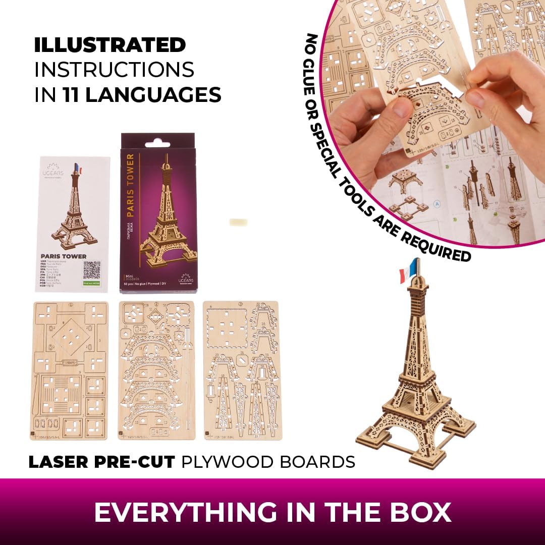 UGEARS Torre di Parigi Puzzle 3D per Adulti - Kit di Modellismo Puzzle in Legno per Uomini - Rompecabezas 3D per Adulti - Kit di Modello in Legno da Costruire