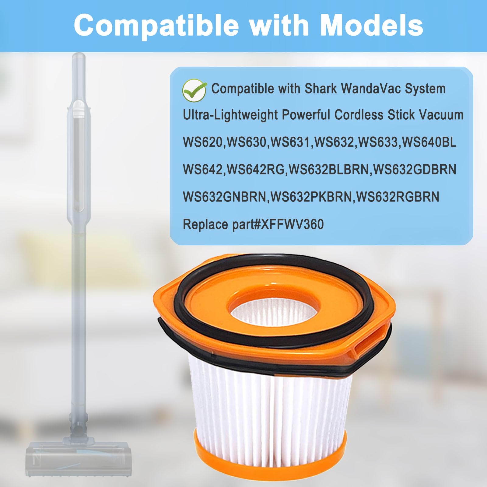 8 Pack Vacuum Filter Replacement for Shark WS620 WS632 WS630 Filter,Combatible With Shark Wandvac System WS633 WS632RGBRN WS632PKBRN WS632GNBRN WS632GDBRN WS632BLBRN, Replacement to Part # XFFWV360