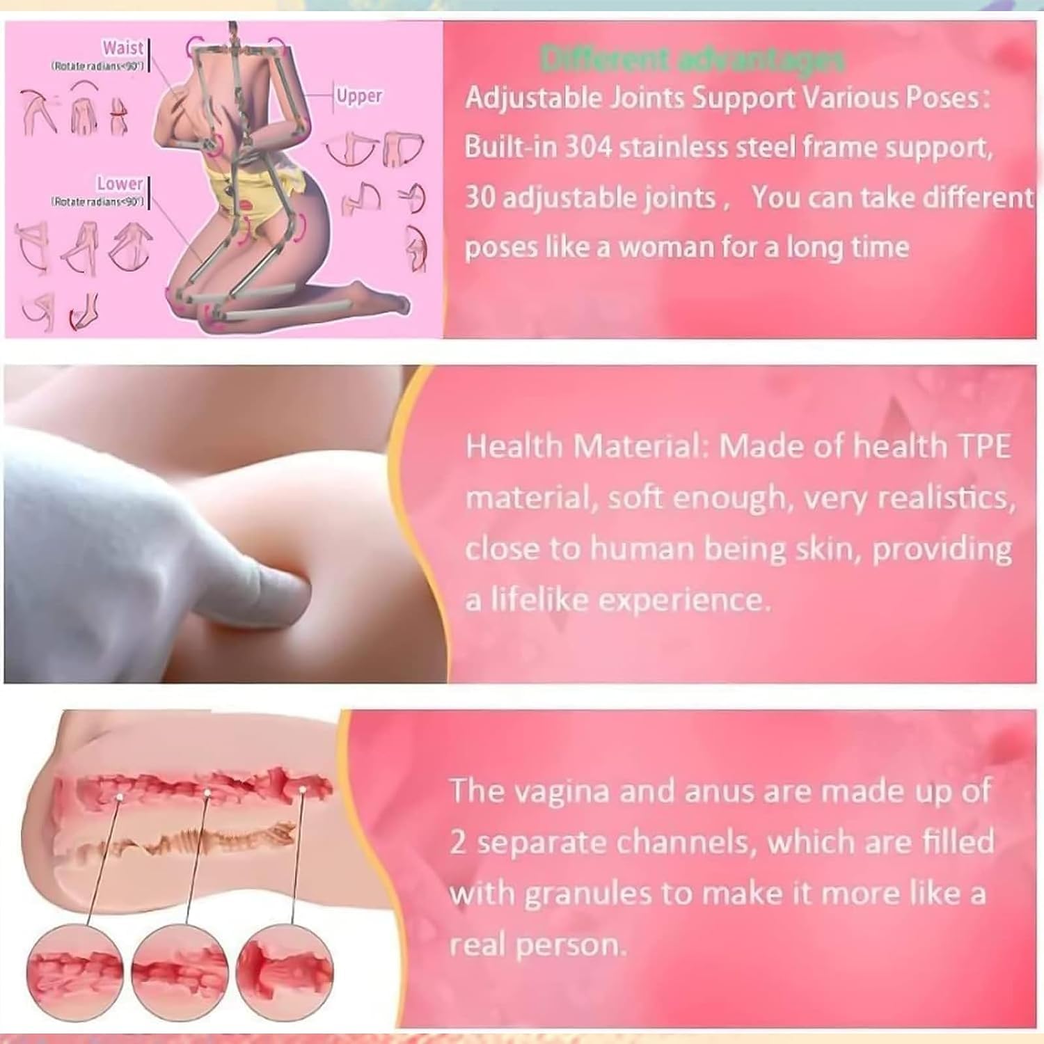 5.0FT/71LB Realistic Sex Doll Torso, Silicone Full Size Sex Doll for Men with E-Cup Soft Jelly Breasts and 3D Tunnels, TPE Life Size Sex Dolls Full Body Lifelike Adult Sex Toy (5.0FT-71LB-ZH-3): 5.0FT-71 Pound-ZH-3