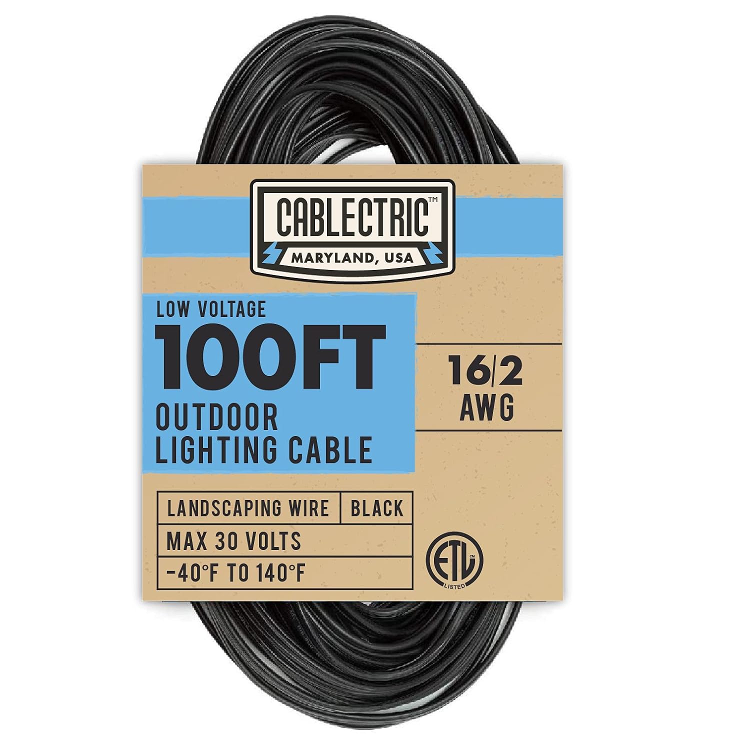 Cablectric 16/2 Low Voltage Landscape Wire, Black 100 Foot Outdoor