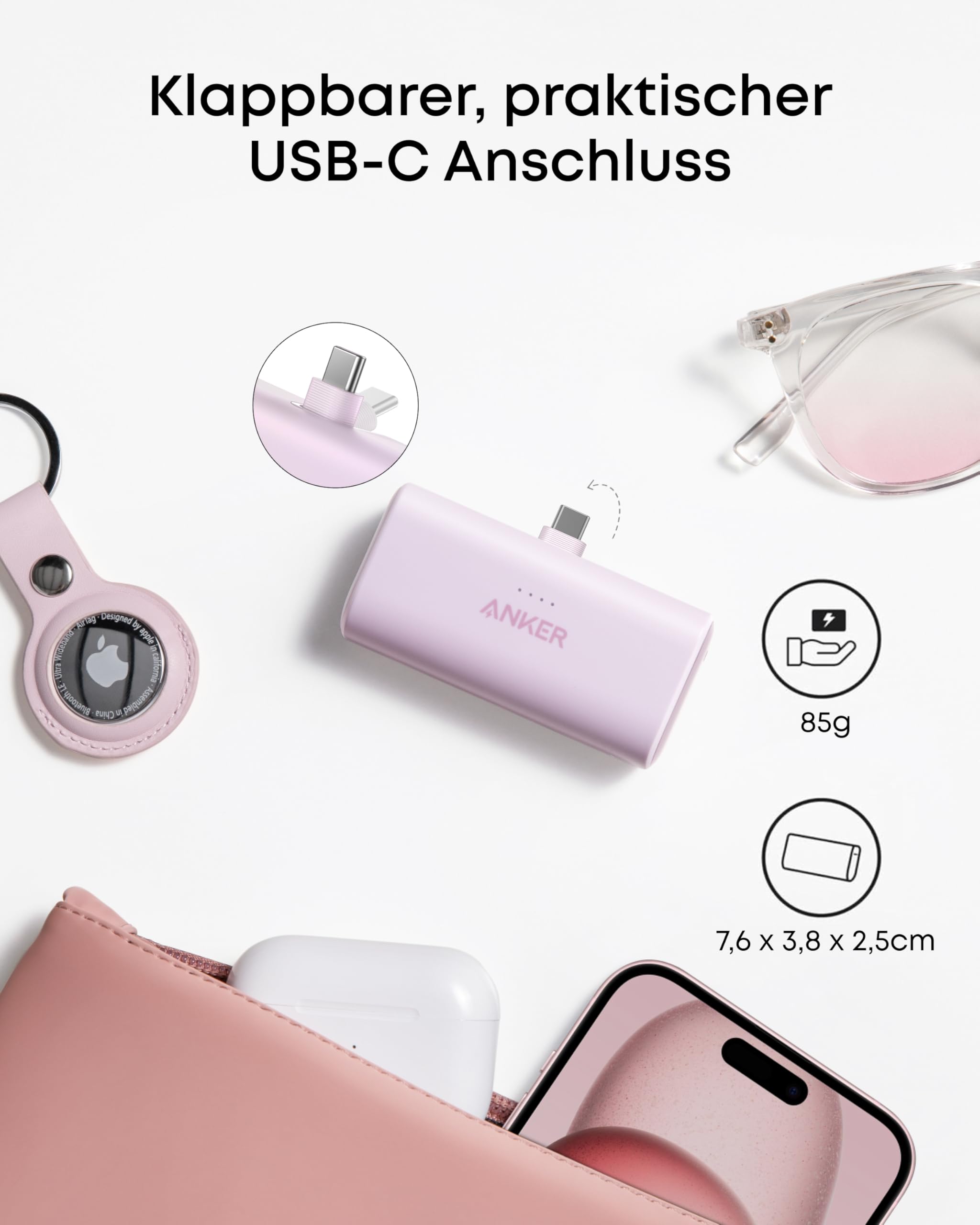 Anker Nano Powerbank, 5000mAh Powerbank 22.5W, Integrierter Faltbarer USB-C Konnektor, Kompatibel mit iPhone 17/16/15, Samsung S22/23 Serie, Note20 Serie, Huawei, iPad Pro/Air, AirPods und mehr
