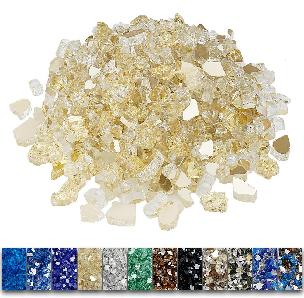 GRISUN Gold Fire Glass for Fire Pit - 1/2 Inch High Luster Reflective Tempered Glass Rocks for Natural or Propane Fireplace, Safe for Outdoors and Indoors Firepit Glass, 10 Pounds