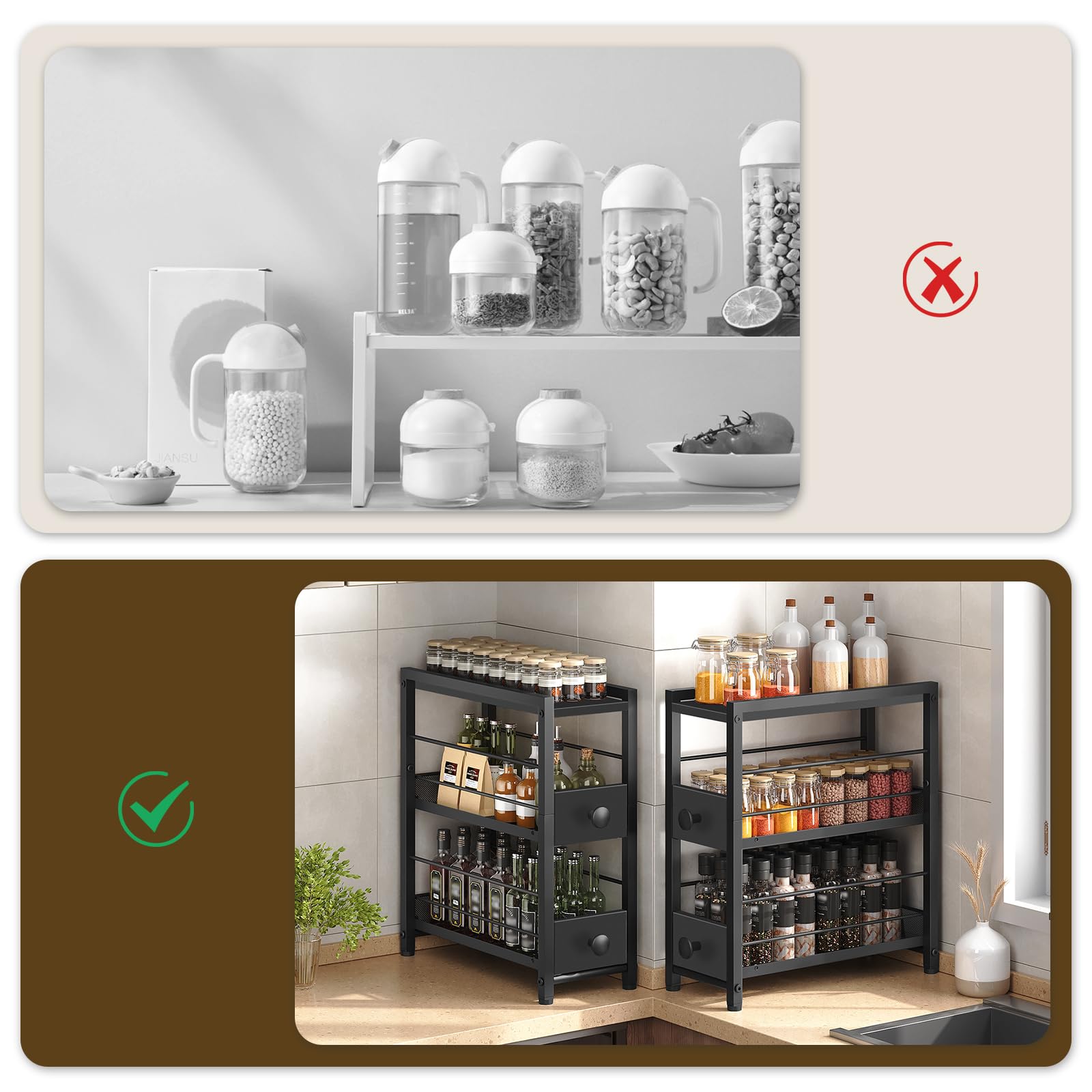 YATINEY Étagère à Épices à 3 Niveaux, Organisateur Étroit pour Plan de Travail de Cuisine avec 2 Tiroirs, Rangement Café avec Tiroirs Coulissants, pour Capsules de Café, XSR02BB