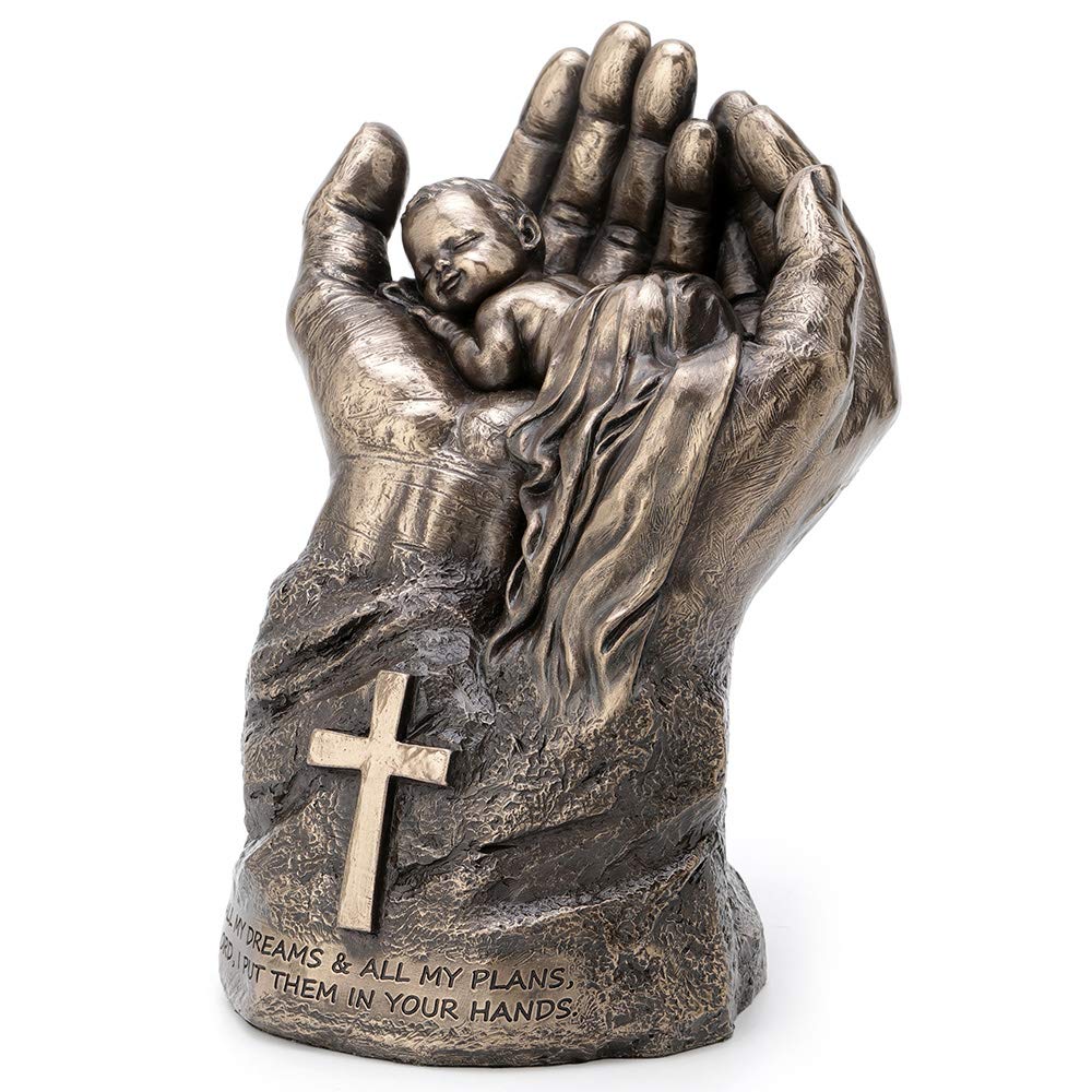 Veronese Design Estatua de bebé durmiendo en manos del Señor Cruz religiosa motivacional espiritual escultura religiosa con acabado de bronce antiguo