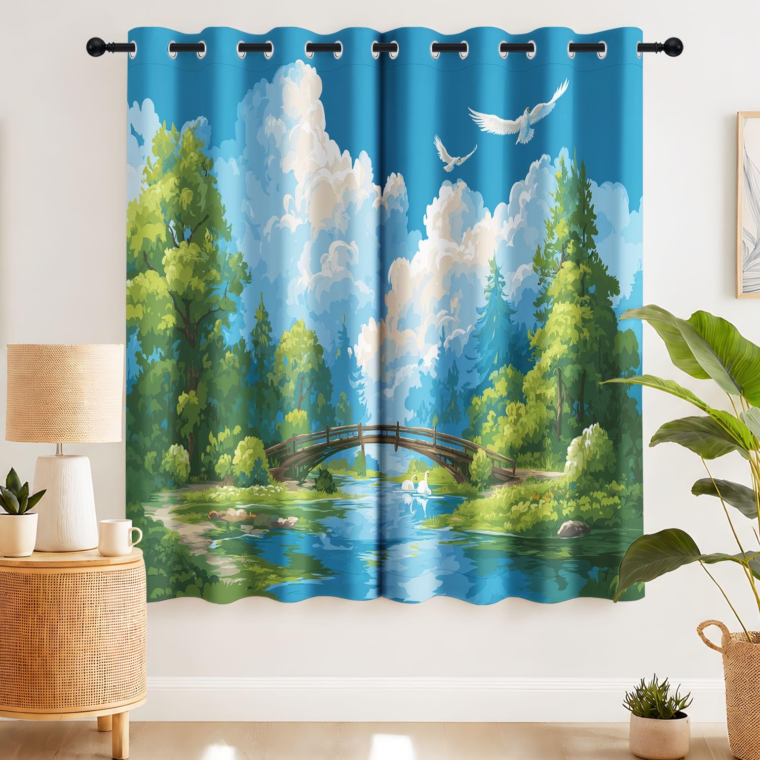 Générique Rideaux Occultants Nature Fraîche 140L X 260H cm Lac Serein, Pont Bois, forêt luxuriante – Isolation Thermique et Protection de l'Intimité, 2 Panneaux pour Chambre d'enfant