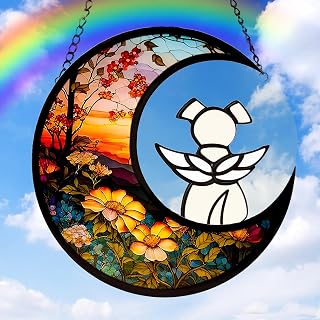 Dog Memorial Gifts for Loss of Dog Suncatcher, White Angel Dog on Sunset Moon Dog Beverage Glass Ornaments Decor Window Wall Sympathy Gift for Dog Lover