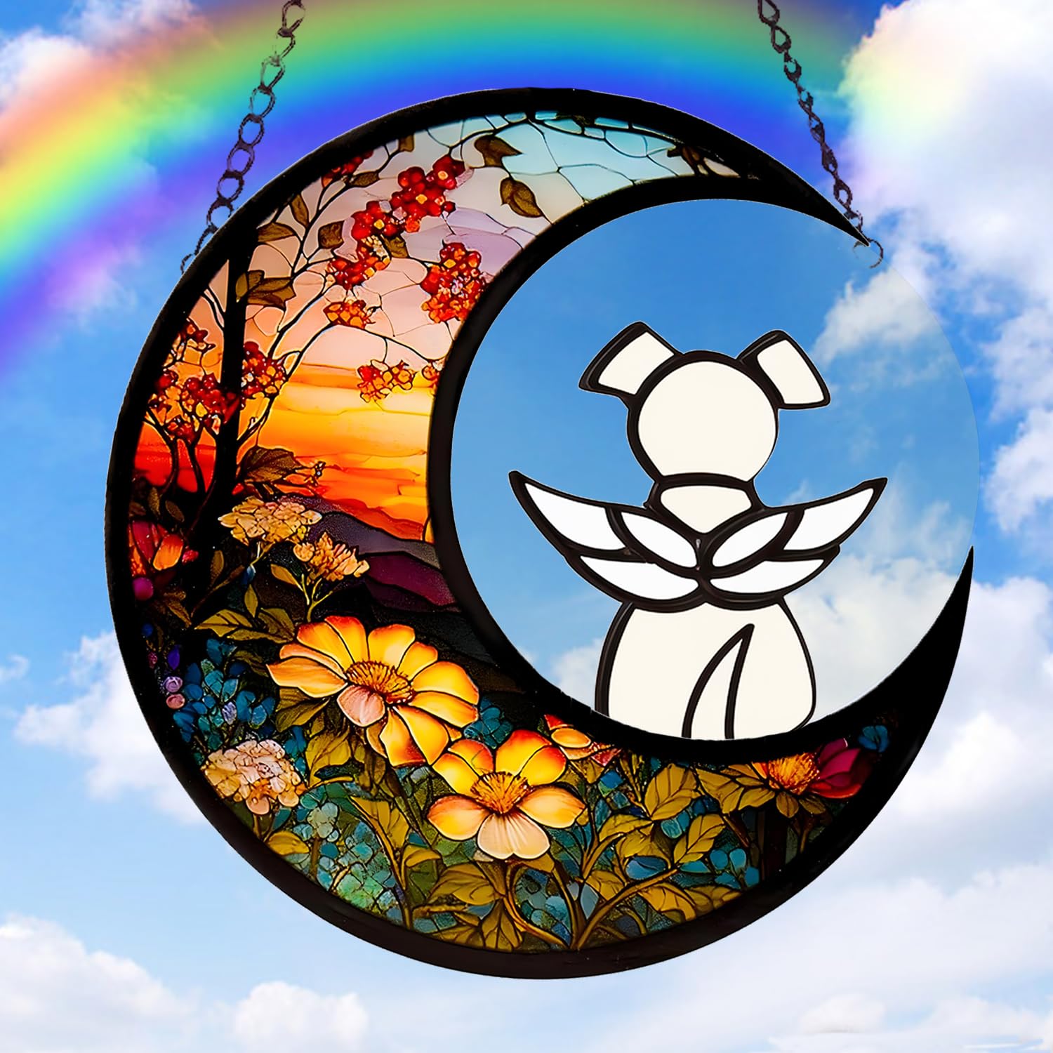 Dog Memorial Gifts for Loss of Dog Suncatcher, White Angel Dog on Sunset Moon Dog Beverage Glass Ornaments Decor Window Wall Sympathy Gift for Dog