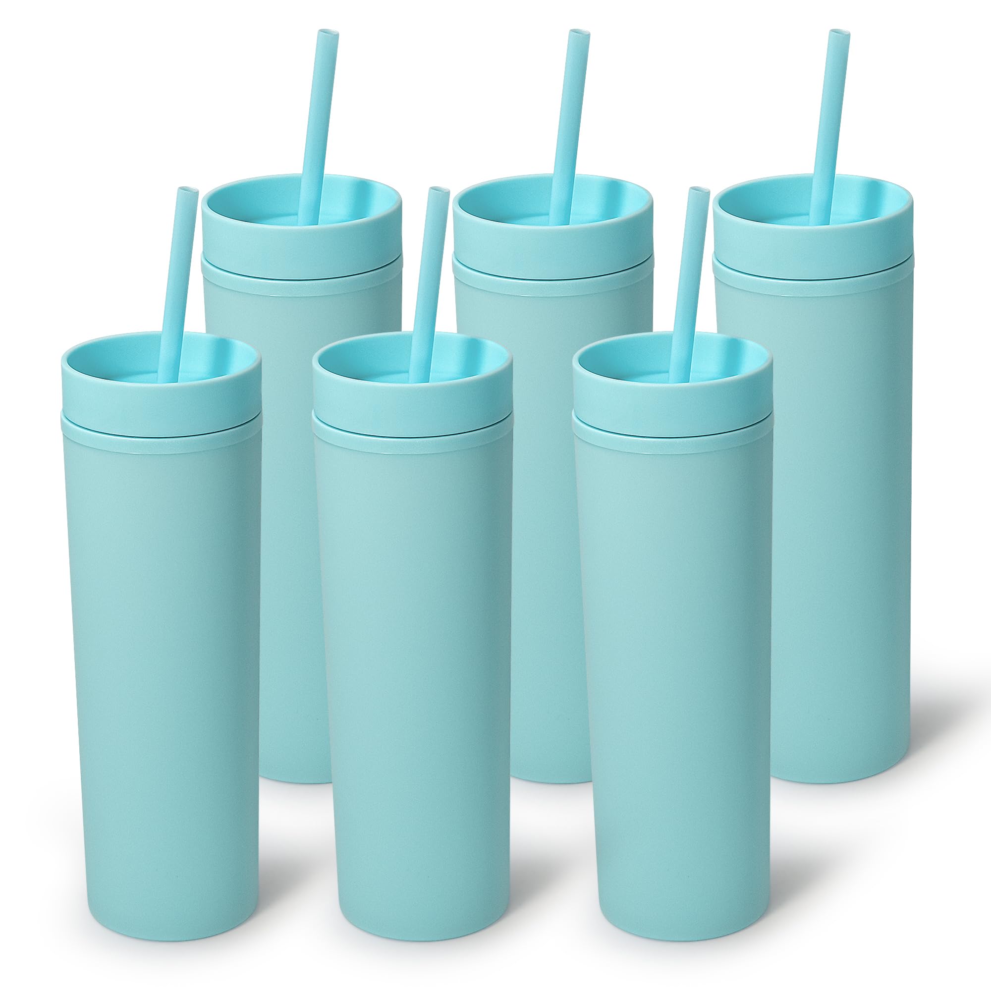 sweet grain Skinny Tumblers with Lids and Straws(6 Pack) - 16oz Matte Pastel Colored Skinny Acrylic Tumblers, Double Wall Plastic Tall Skinny Tumblers