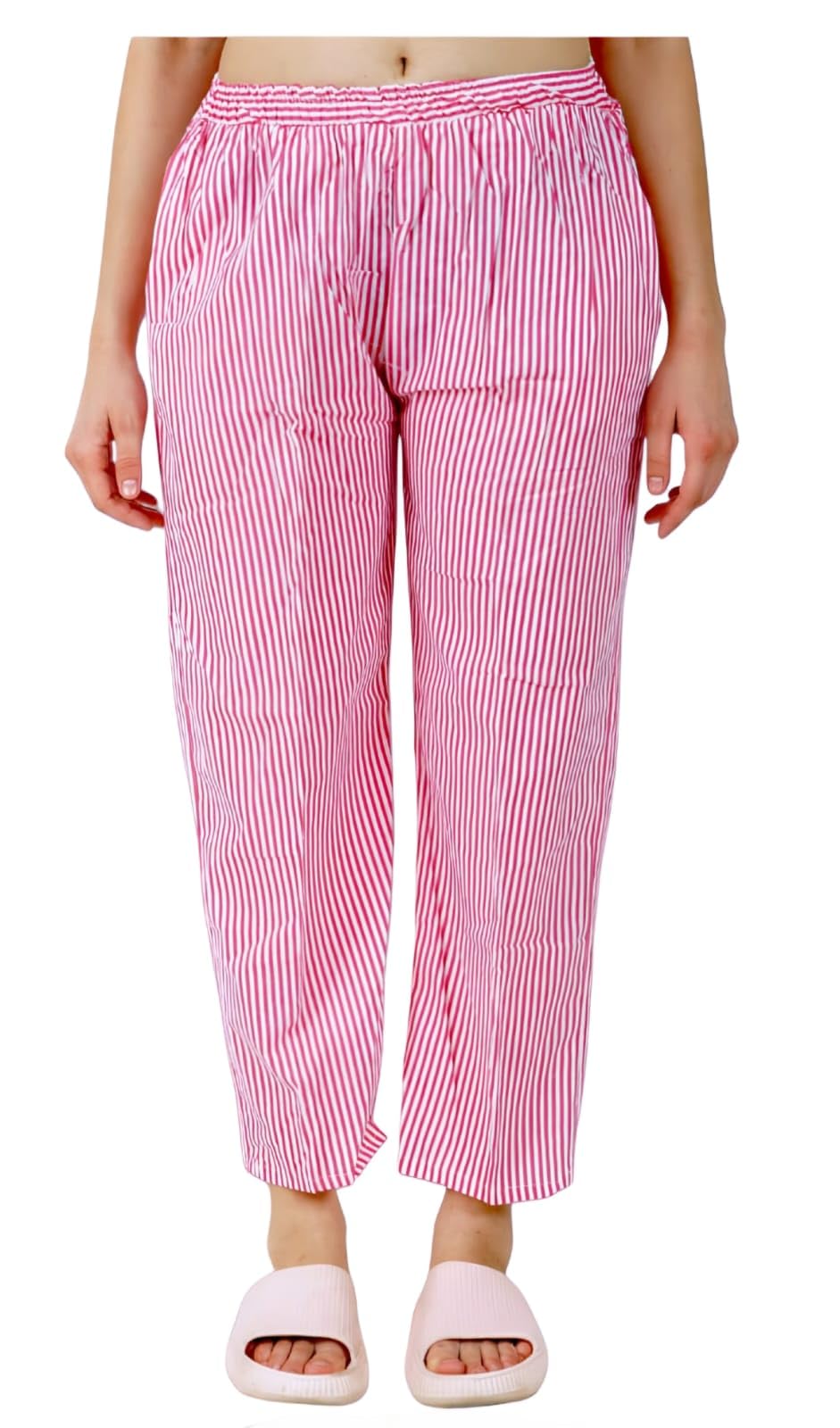 Omney Eco-Friendly Cotton Free Size Lower Pajama Lounge Pants for Women (White Stripes, S) (Red, 30)-image-5