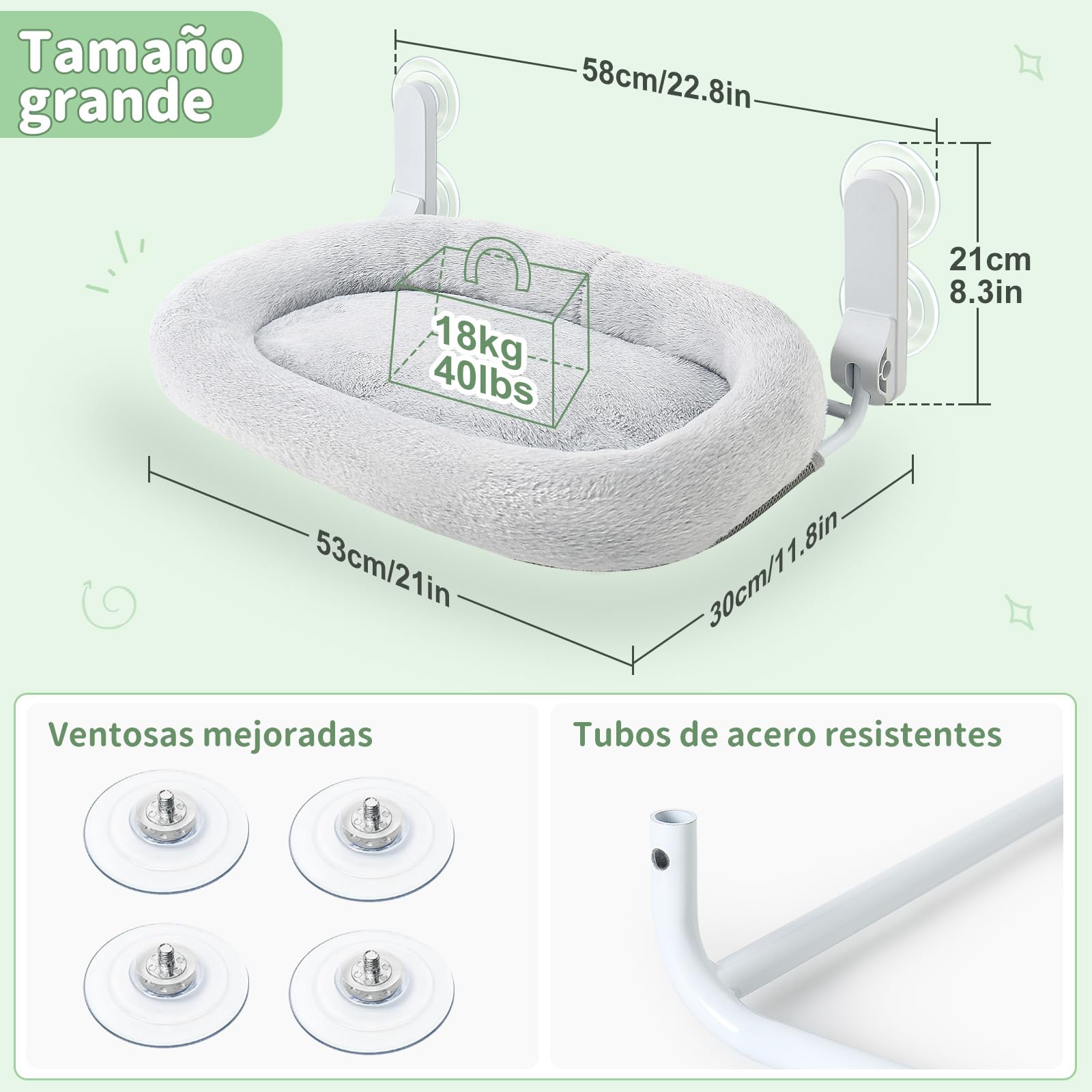 GUUSII HOME Hamaca Gato Ventana con Ventosas Fuertes Cama Colgante para Gatos Amaca Camita Interior Grande Instalación Fácil sin Perforaciones Funda Suave y Lavable Soporta hasta 18kg (Gris)