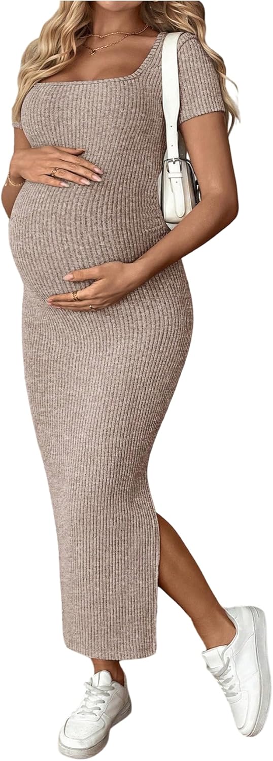 MakeMeChic Women's Maternity Dress Summer Baby Shower Dress Square Neck Short Sleeve Split Bodycon Maxi Dress