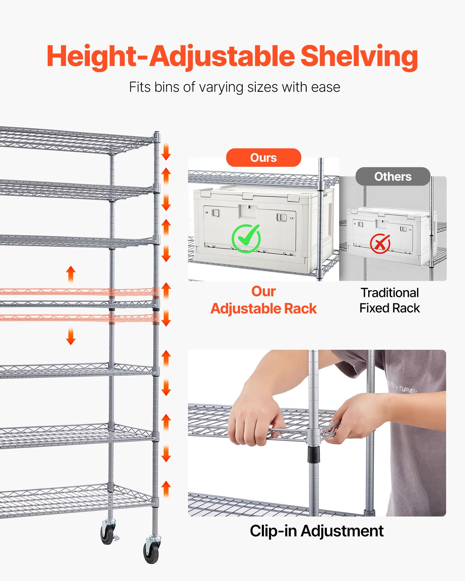 VEVOR Étagère de Rangement Mobile 7 Niveaux Rayonnage sur roulettes 22 Bacs pour Garage, Entrepôt, Bureau, Restaurant, Salle de Classe, Cuisine, en Fil d'acier, avec roulettes Pivotantes et 2 Freins