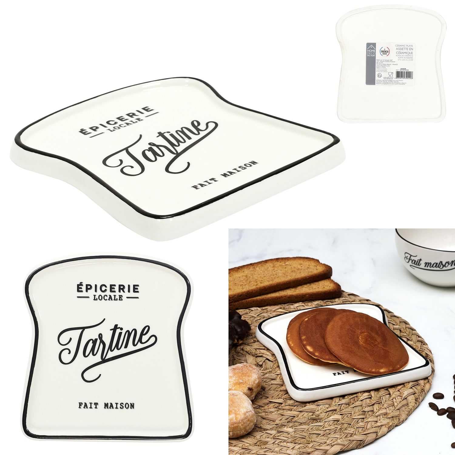 Assiette à Toast Home Deco Factory - Grès 17x16cm, Blanc/Noir - Pour Brunch, Petit-Déjeuner Élégant