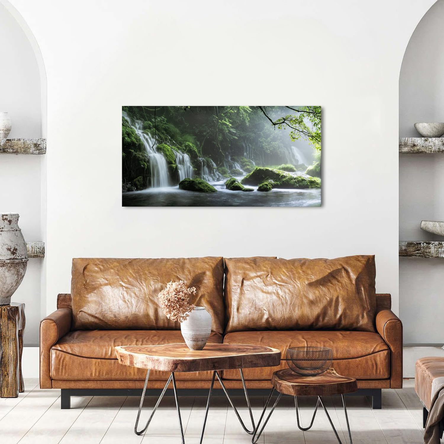Waterfall Wall Art Nature Forest Lake Picture Wall Decor for Living Room Foggy Mountain Landscape Painting Prints Bedroom Wilderness Woodland Poster Stream Artwork Bathroom Home Decoration 20x40"