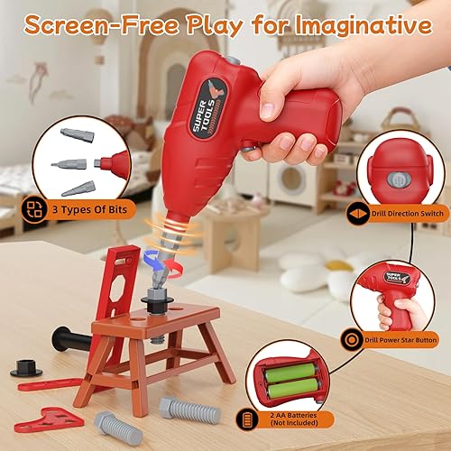 Miniatura 3 de Juego de herramientas para niños de 58 piezas con taladro de juguete realista y caja de herramientas y calcomanías de bricolaje, kits de