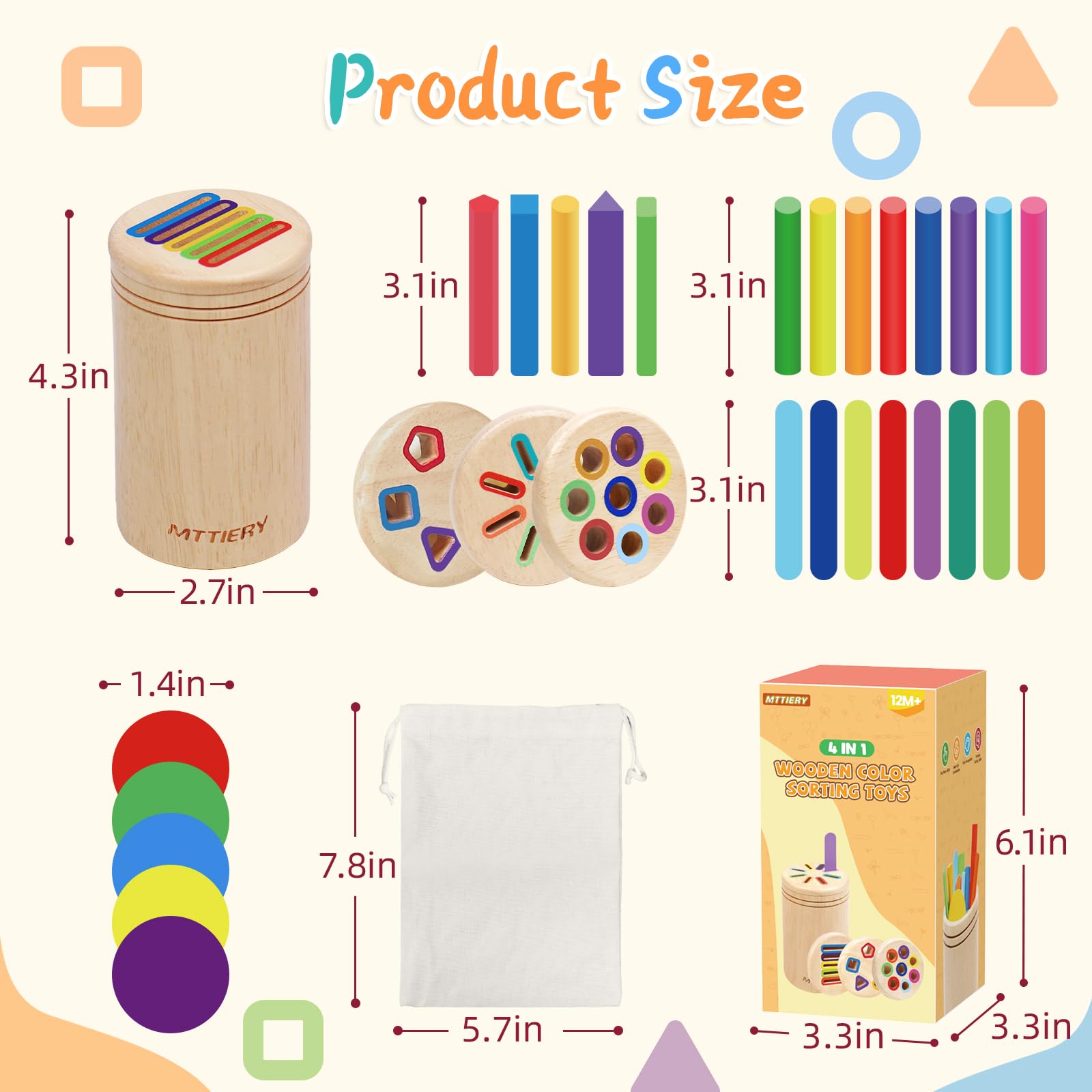 Juguetes Montessori 4 en 1 para niños de 2, 3 y 4 años, juguetes de madera para clasificar colores para niños pequeños de 1 a 3, actividades de aprendizaje preescolar, juegos a juego de motricidad 4