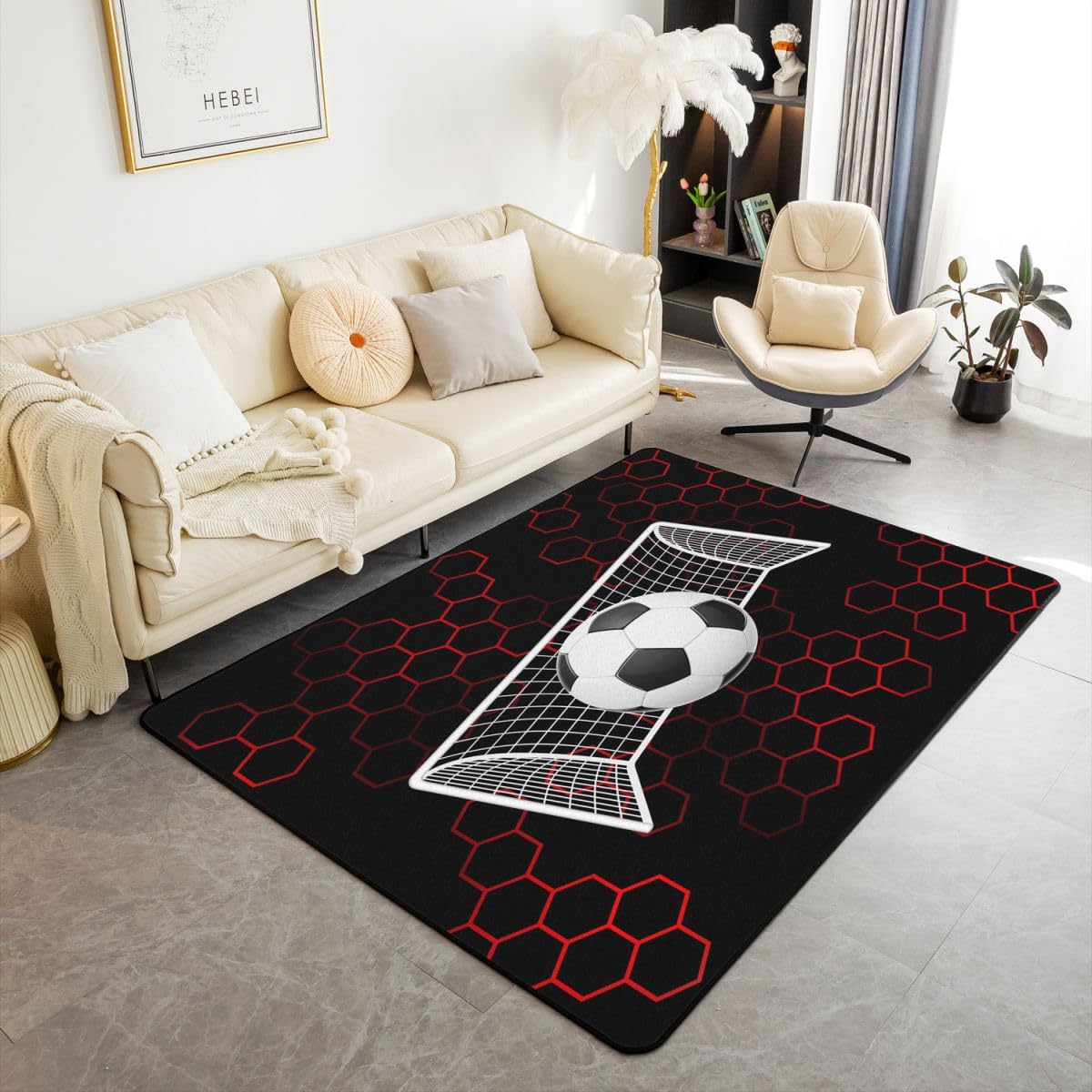 Dywan z siatką piłkarską, do salonu, 150 x 200 cm, piłka nożna 3D, sport, motyw sypialni, dywan dla chłopców i dziewczynek, geometryczny czerwony plac miodu, sześciokątna mata podłogowa
