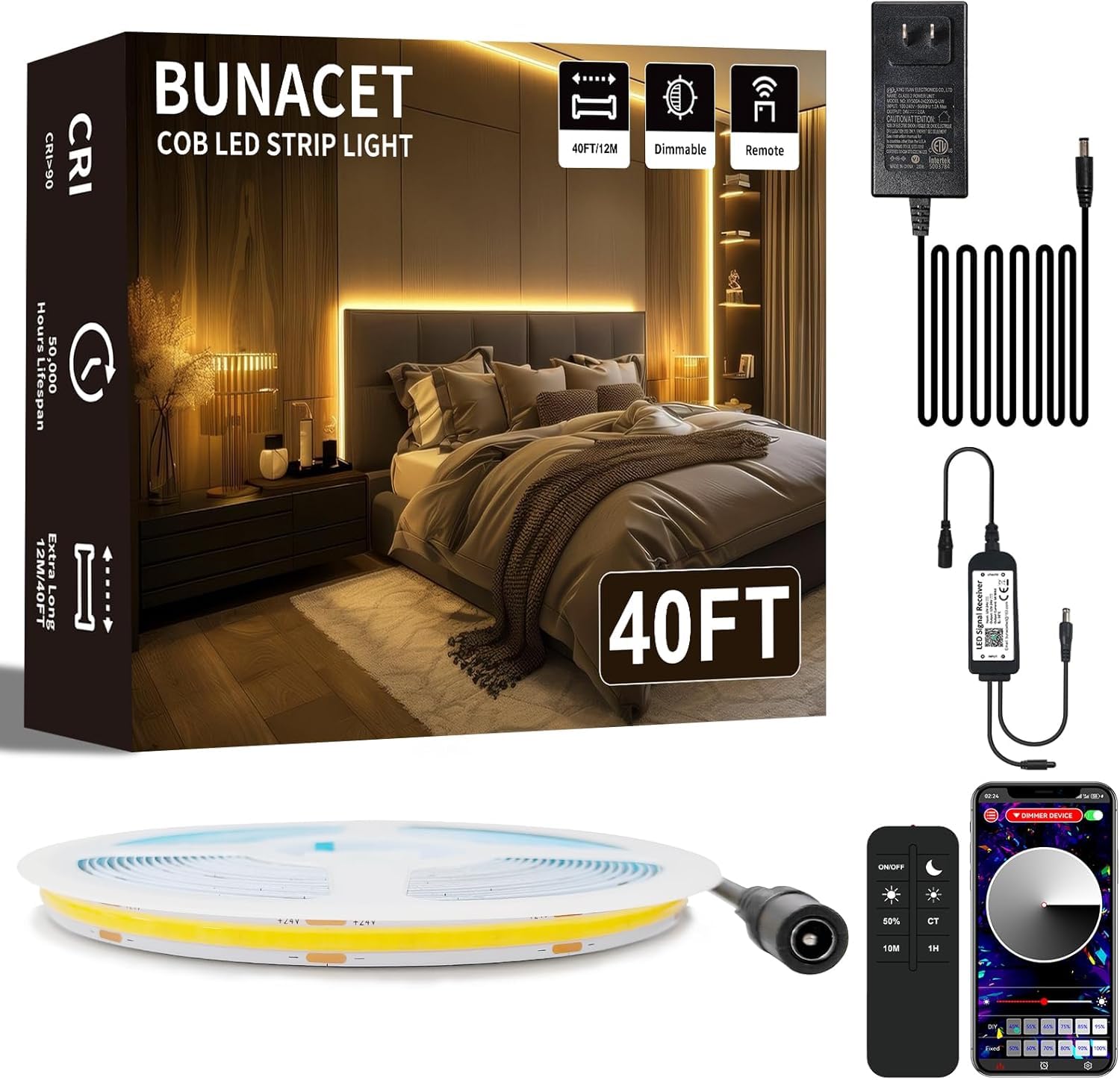 COB LED Streifen 12M Warmweiß Dimmbar, Lichtband 24V mit IR Fernbedienung | 3000K Punktfreies COB Licht mit CRI90+ für angenehme Beleuchtung. Ideal für Küche,Schlafzimmer,Schrank,Spiegel und Wohnzimmer