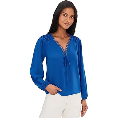 Рубашка CeCe Long Sleeve Circular Trim Pintuck Top cobalt petal