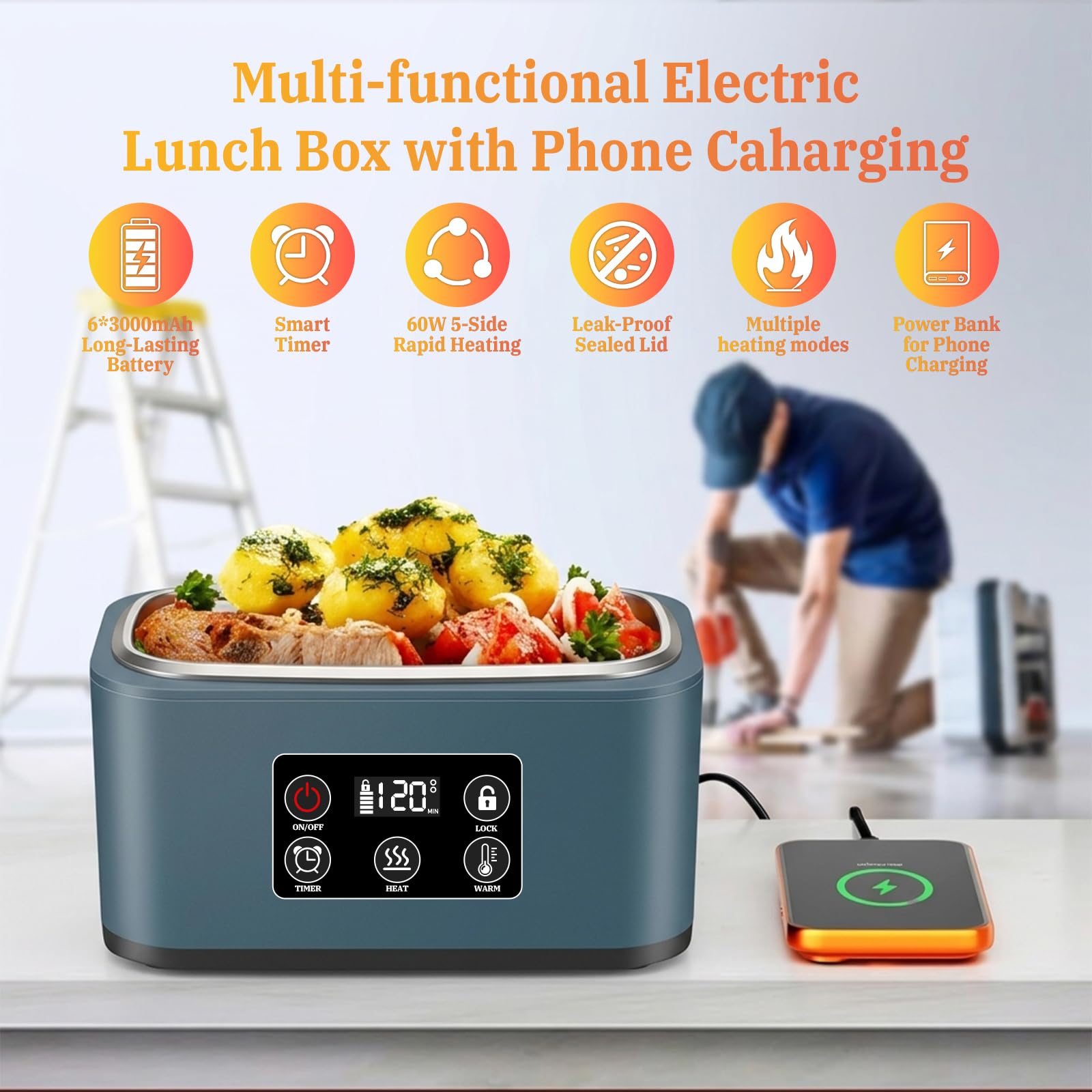 1,5 L Pranzo Box Riscaldante Elettrico, Ricaricabile Ciotola Riscaldante Riscaldatore Pasto Auto-Riscaldante Scatola Pasto Isotermica per Lavoro Viaggio Auto Ufficio