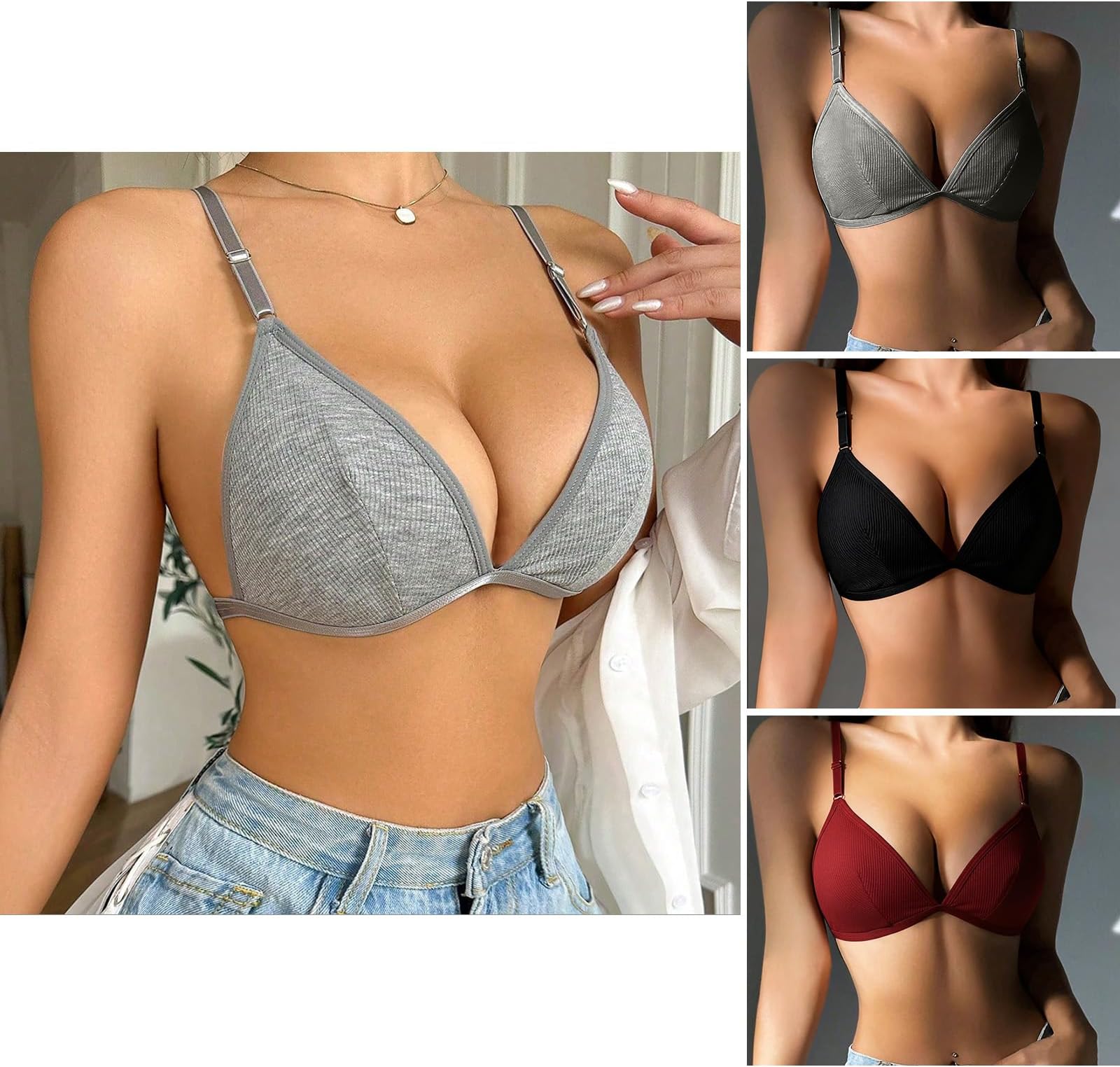Women's Bra Triangle Cup Adjustable Strap Ribbed Seamless Wireless Bralette for Women