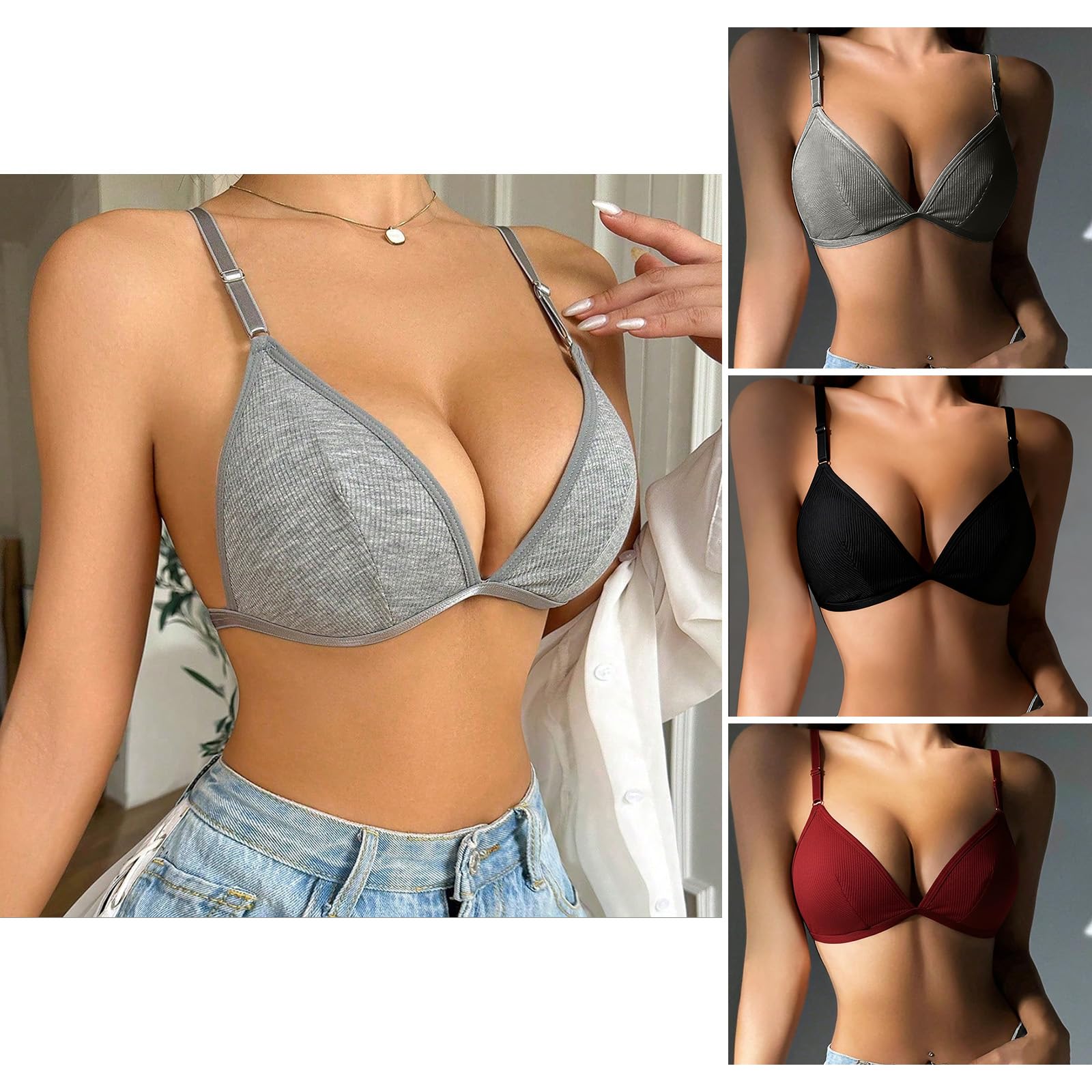 Women's Bra Triangle Cup Adjustable Strap Ribbed Seamless Wireless Bralette for Women